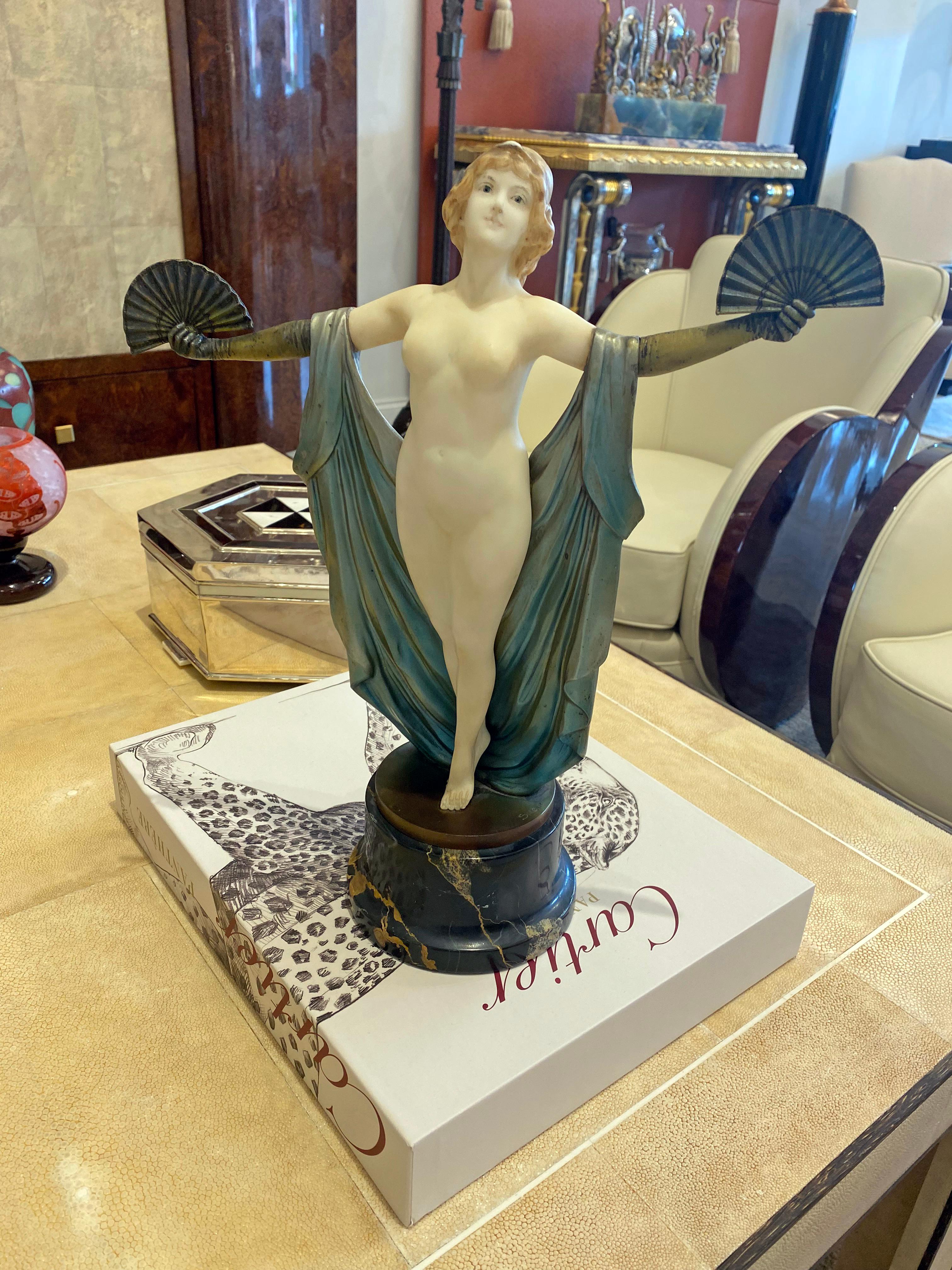 French Art Deco Fan Dancer Sculpture by Suteur