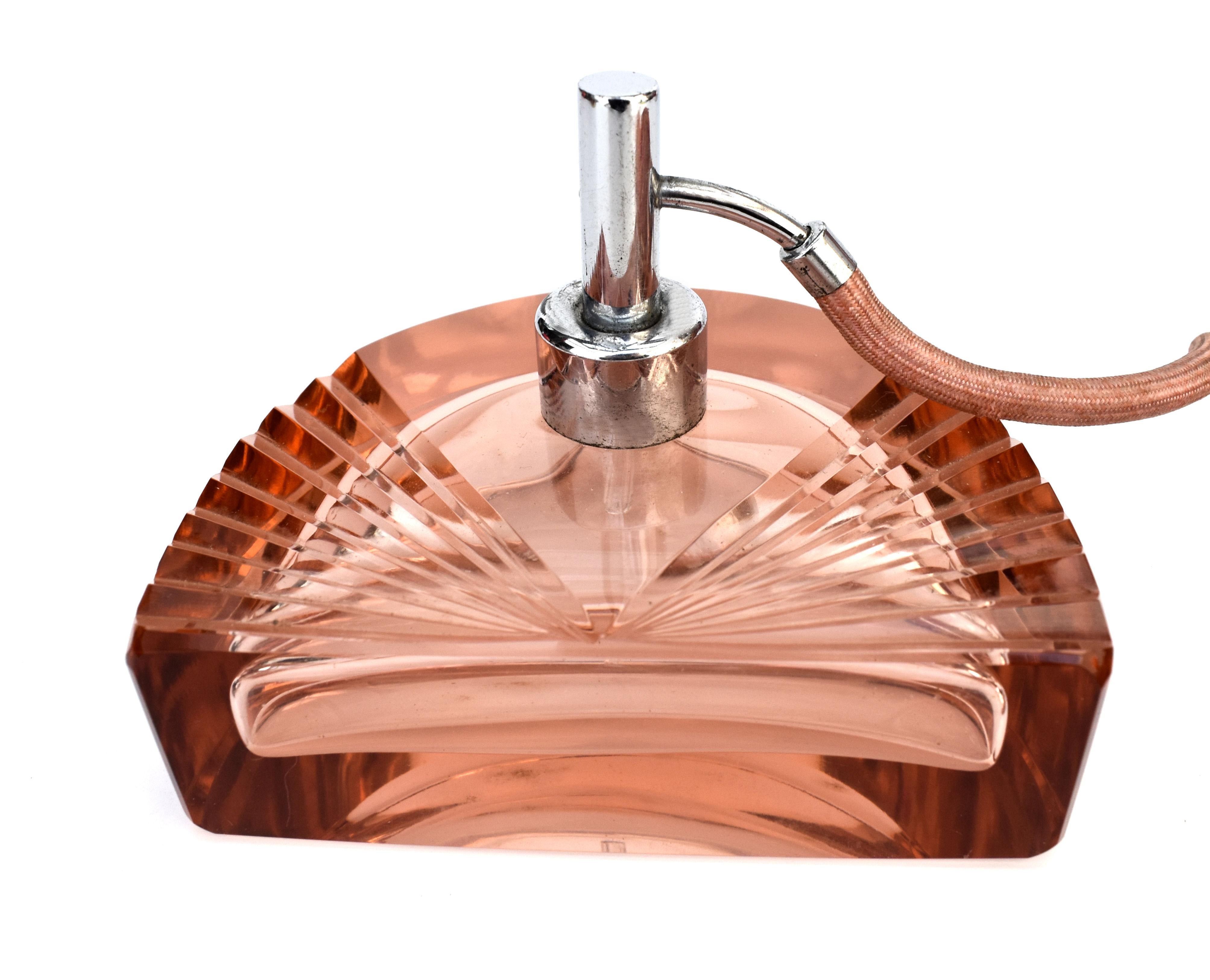 Enameled Art Deco 'Fan' Design Cut Glass Perfume Atomizer, circa 1930 For Sale