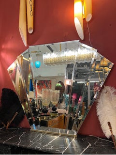 Art Deco Fan Mirror with Beleved Egdes and Brass Base by Gica Italy 1940s
