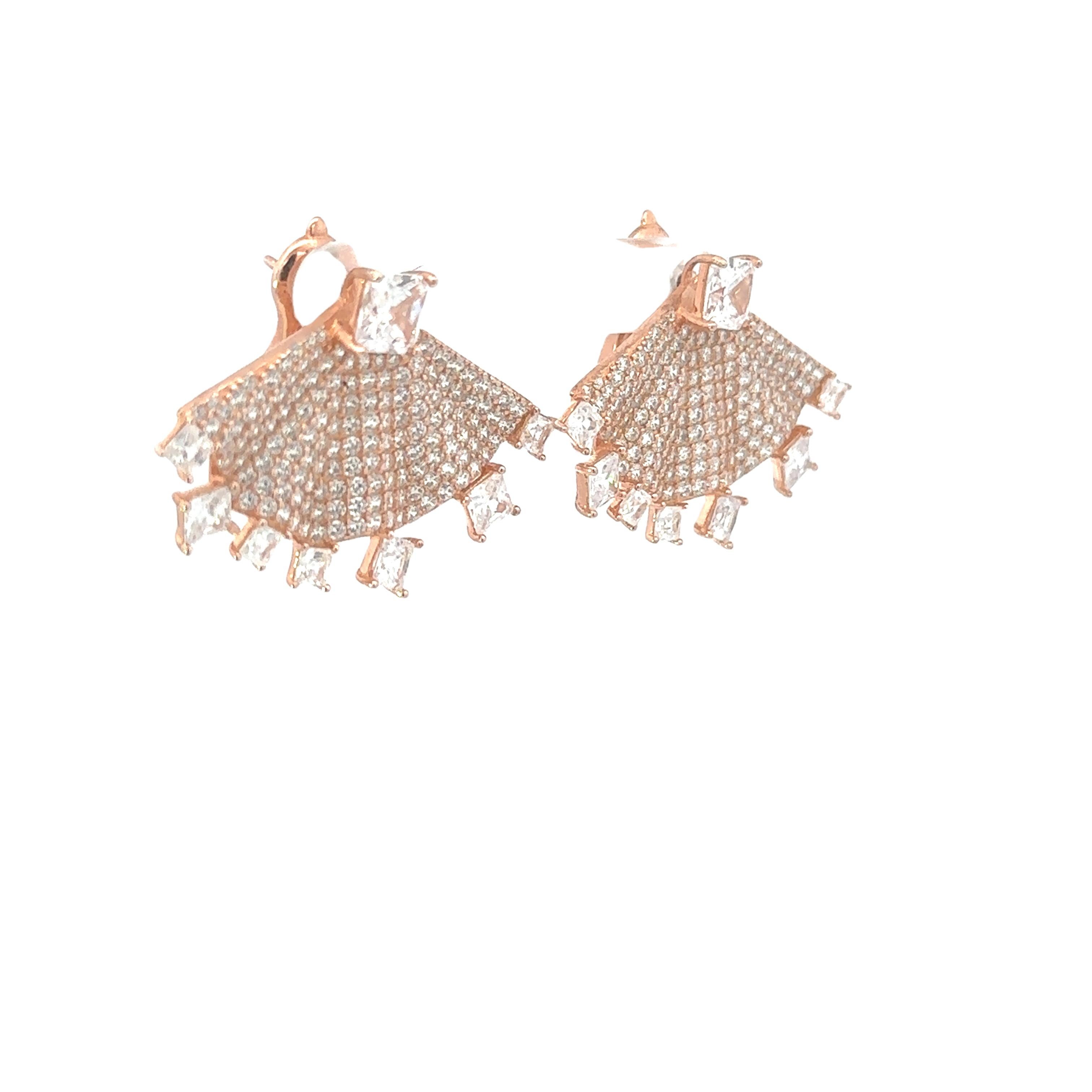 Art Deco Style Fan Shape 18K Rose Gold Plated Silver Rhinestone Earrings in sterling silver. You shall need these drop earrings to make a statement with your look. Each piece features dazzling cubic zirconia stones, renowned for their brilliance and