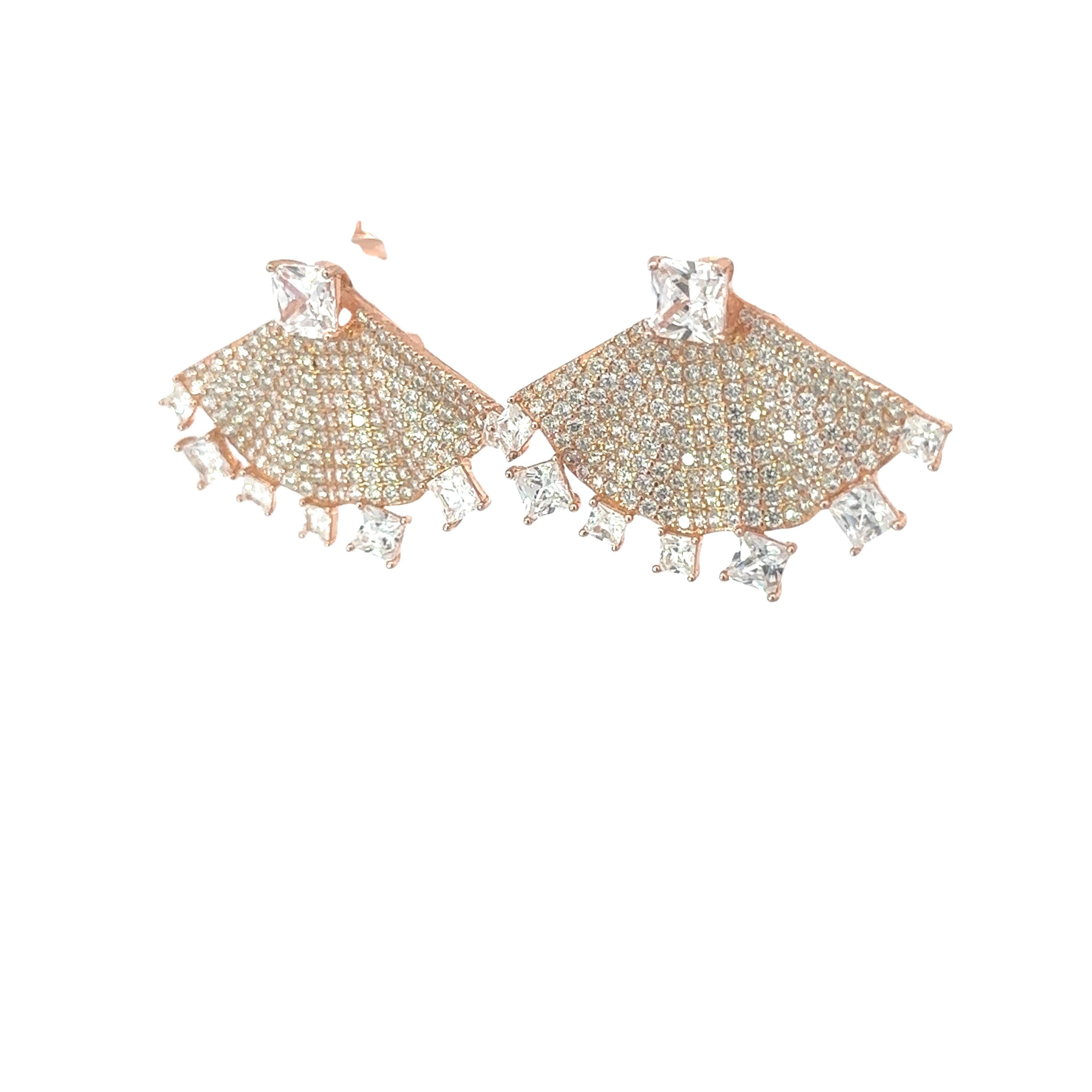 Art Nouveau Art Deco Style Fan Shape Rose Gold Plated Silver Rhinestone Earrings for Her For Sale