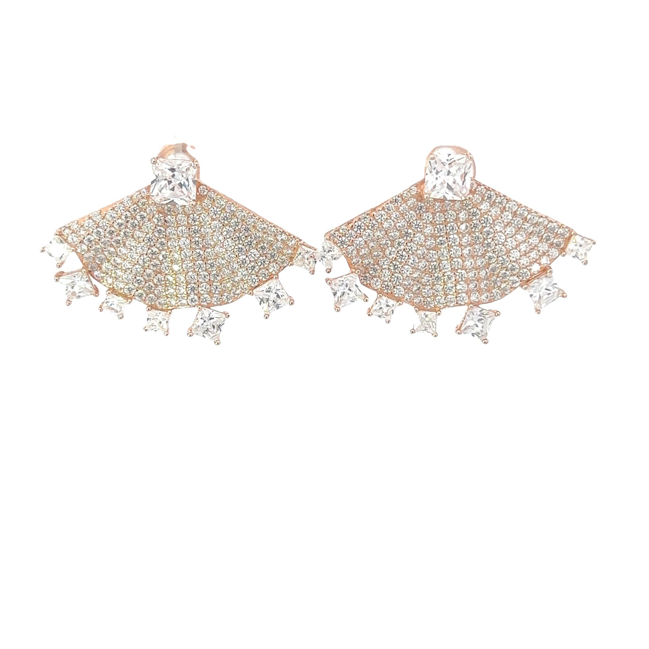 Mixed Cut Art Deco Style Fan Shape Rose Gold Plated Silver Rhinestone Earrings for Her For Sale