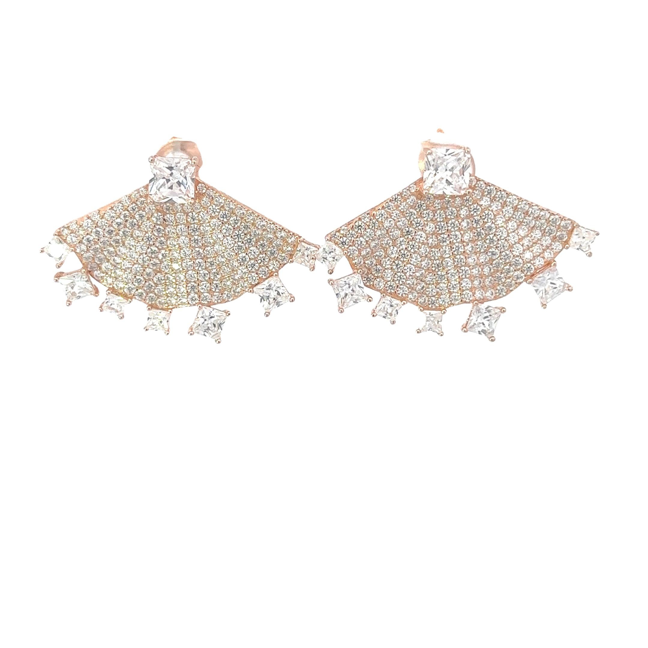 Art Deco Style Fan Shape Rose Gold Plated Silver Rhinestone Earrings for Her In New Condition For Sale In New York, NY