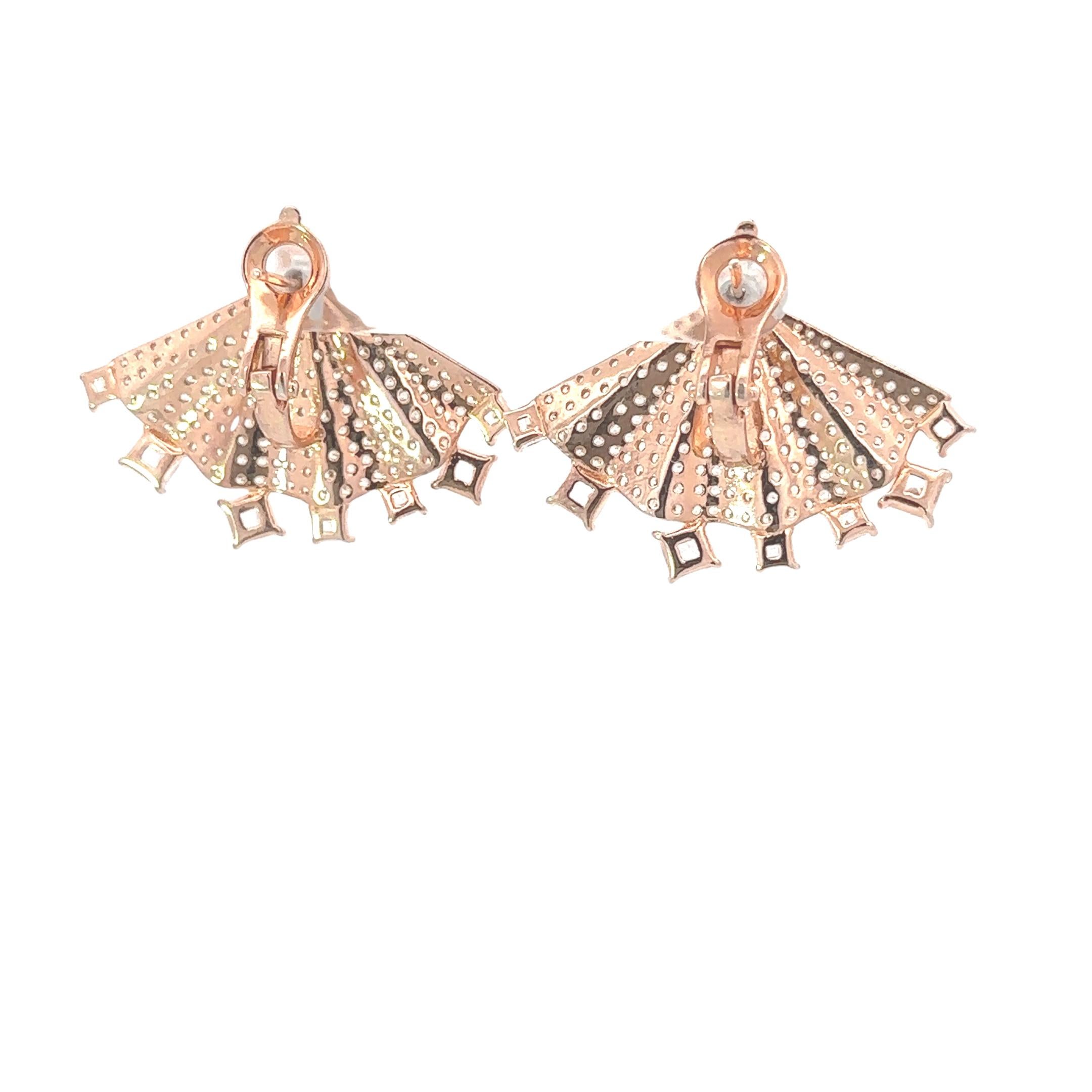Women's Art Deco Style Fan Shape Rose Gold Plated Silver Rhinestone Earrings for Her For Sale