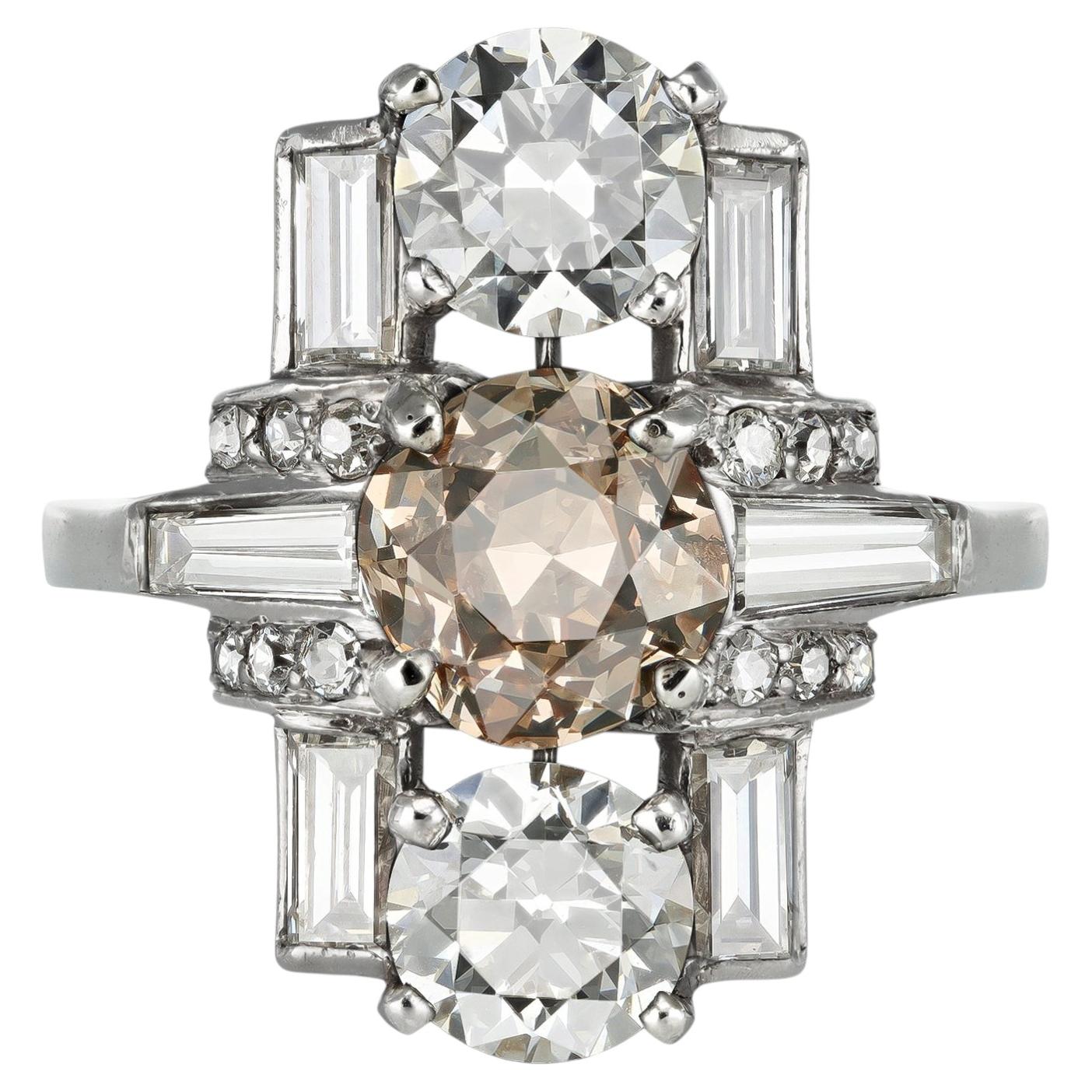 Art Deco Fancy Colored Diamond Cluster Ring, circa 1925 For Sale