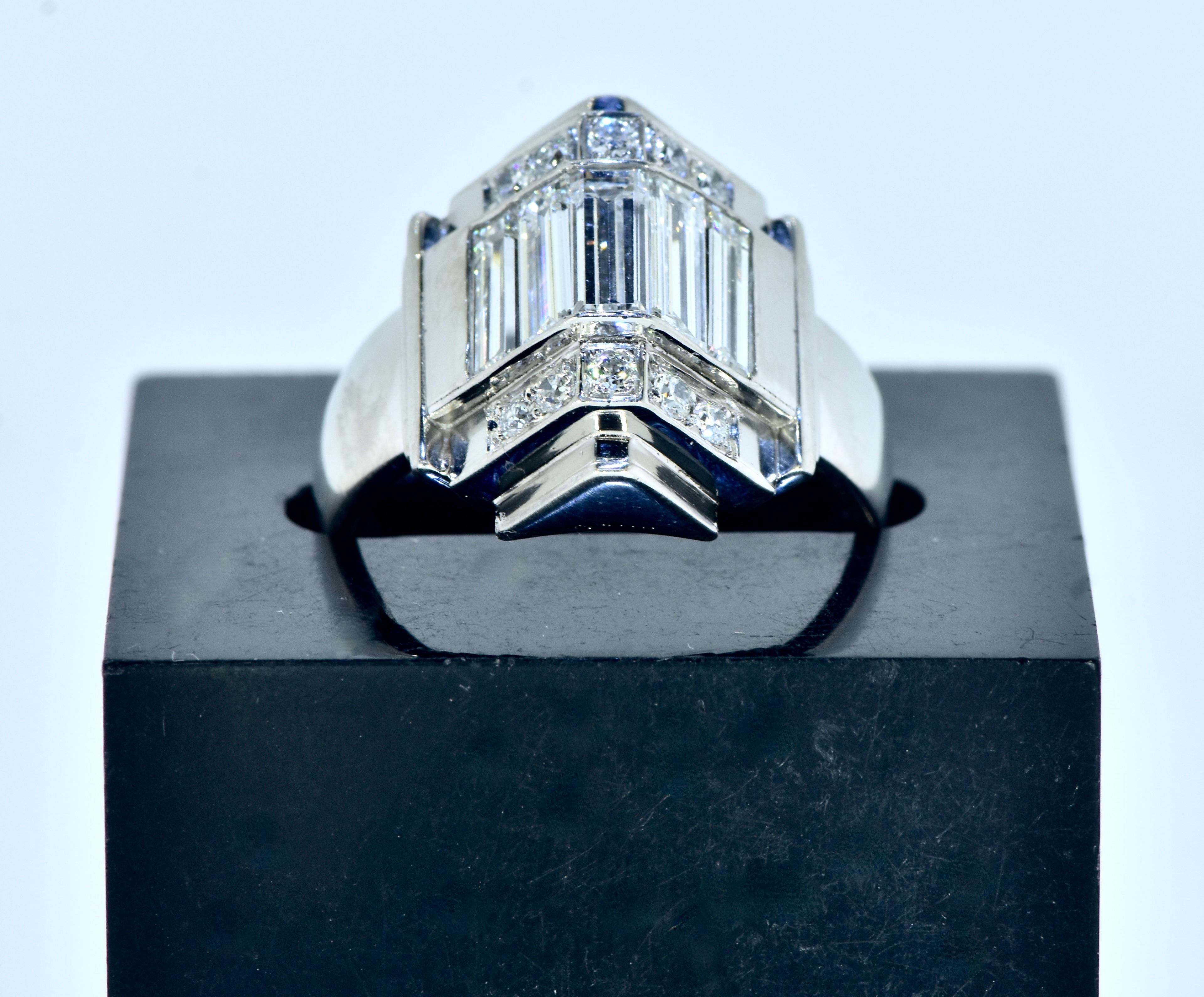 Baguette Cut Art Deco Fancy Cut Diamond Platinum Ring, circa 1930. For Sale