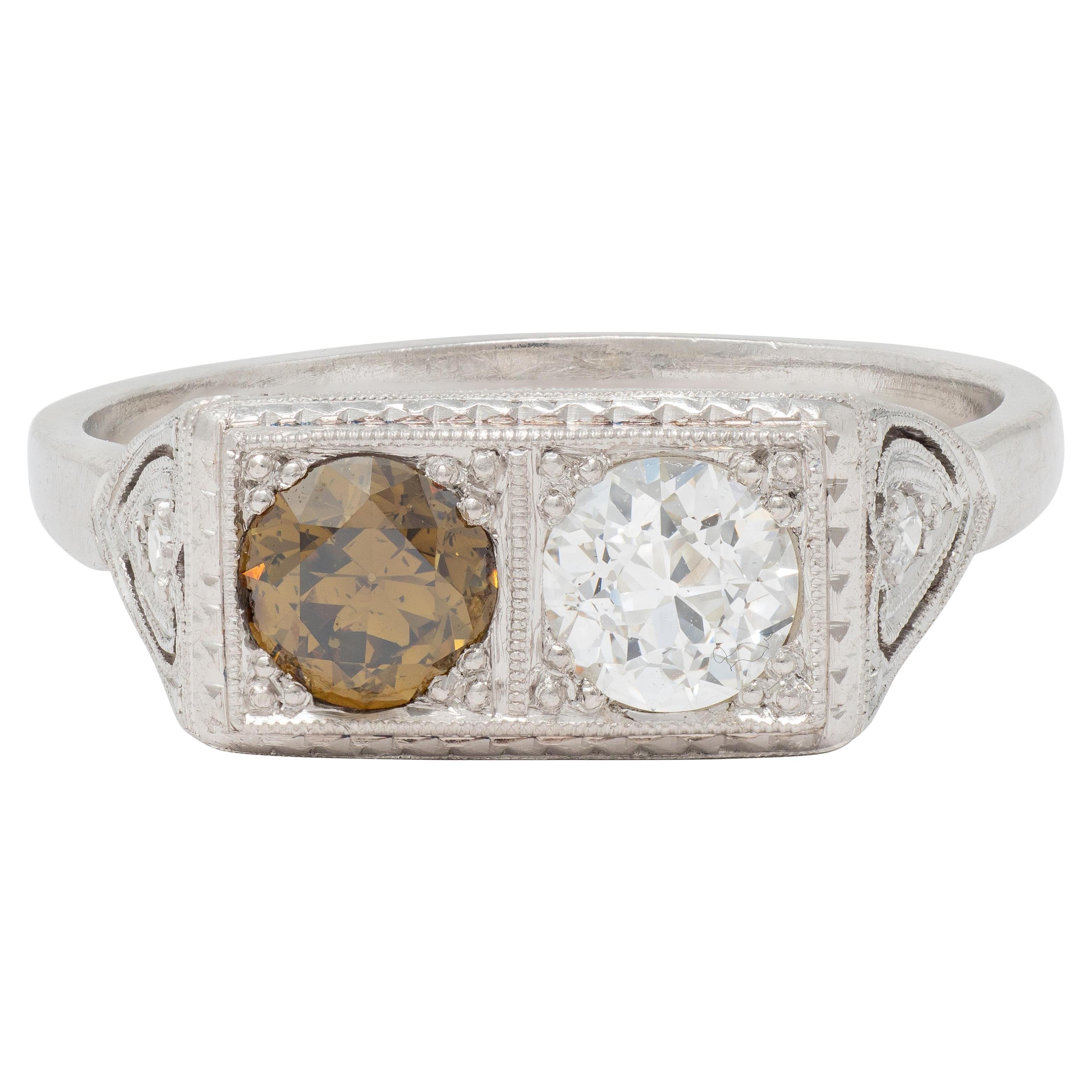 Art Deco Fancy Diamond Platinum Vintage Toi Et Moi Heart Engagement Ring For Sale