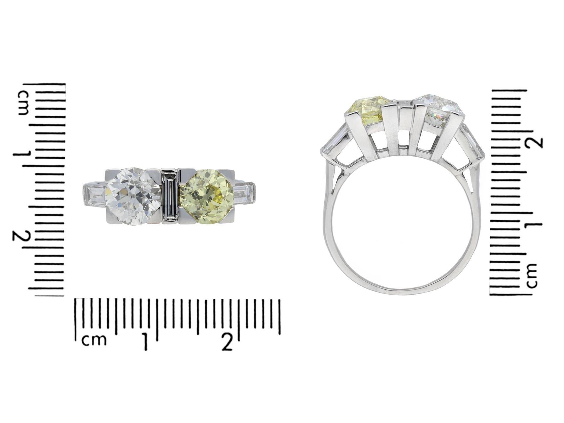 Round Cut Art Deco Fancy Light Yellow Diamond Two Stone Ring by Gubelin, circa 1920 For Sale