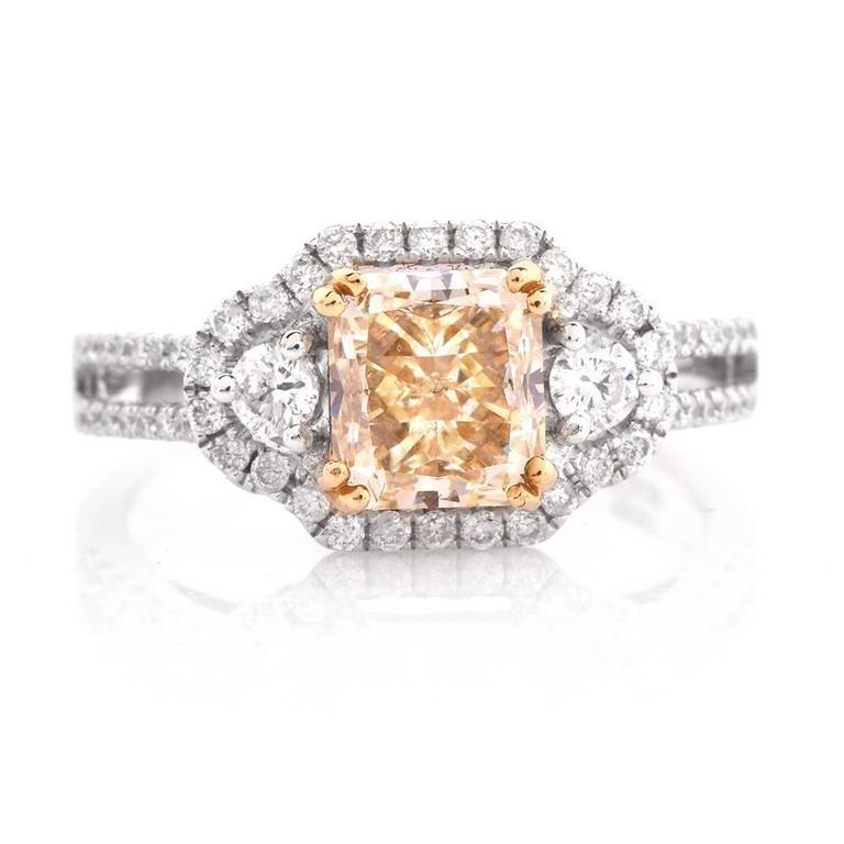 Art Deco Fancy Light Yellow Diamond White Gold Engagement Ring