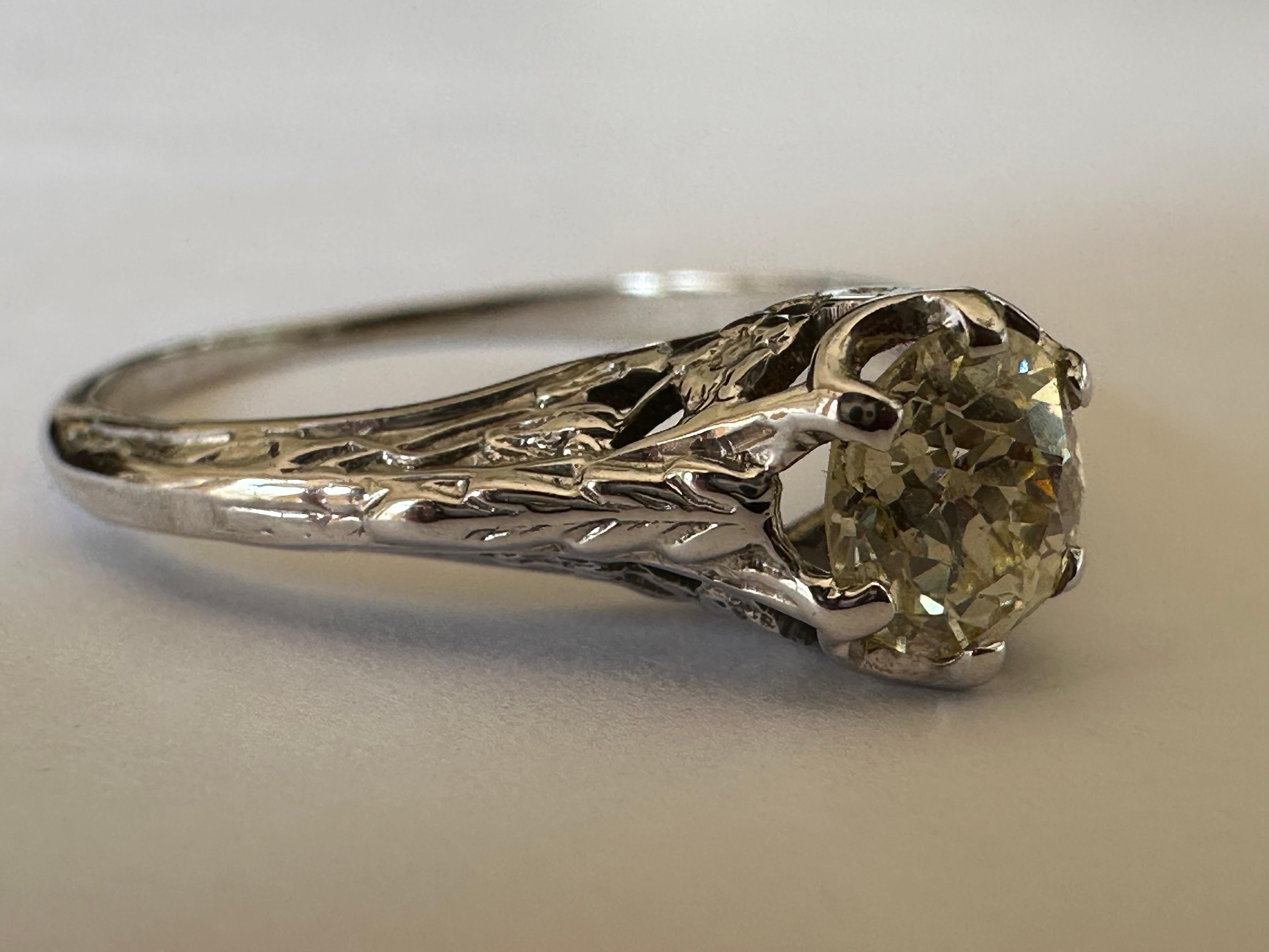 Art Deco Fancy Pale Yellow Diamond Solitaire and Filigree Ring  For Sale 2