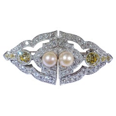 Art Deco Fancy Yellow Diamond & Natural Pearl Brooch/Clip GIA Certified