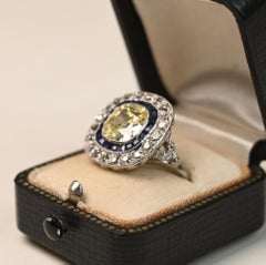 Art Deco Fancy Yellow Engagement Ring. GIA 2ct Diamond Sapphire Ring Platinum VS