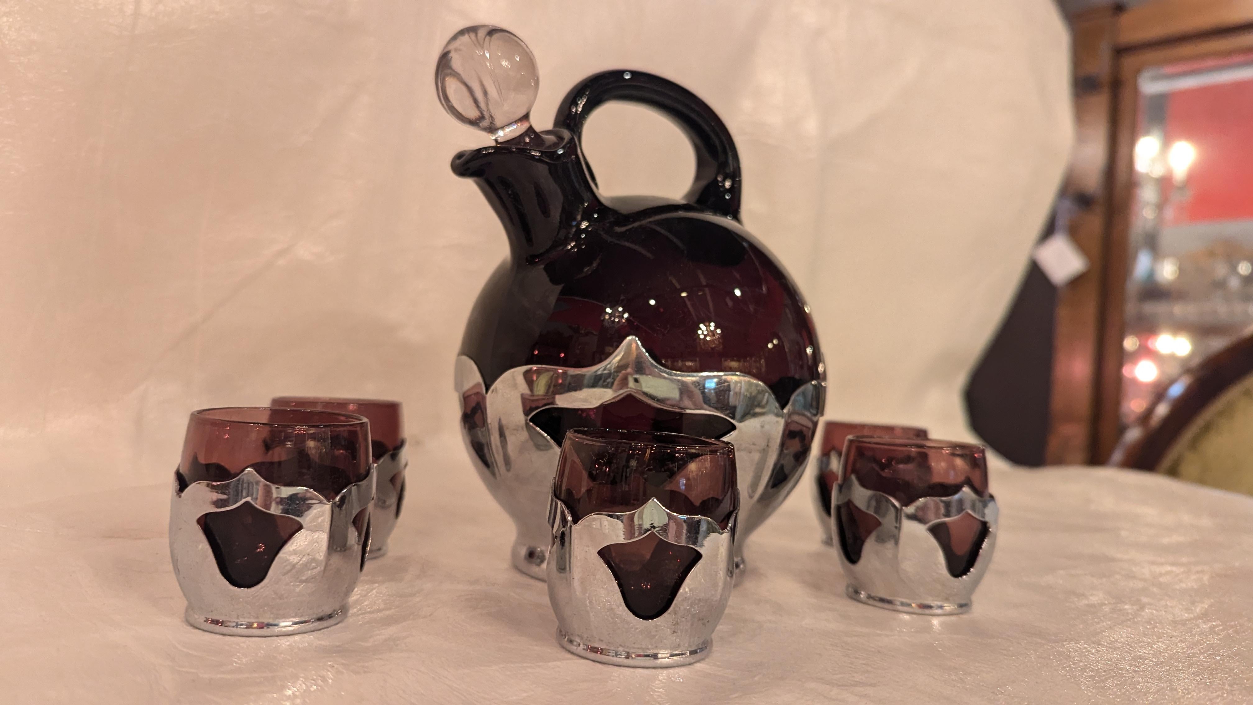 American Art Deco Farberware and Cambridge Glass Decanter and Shots For Sale