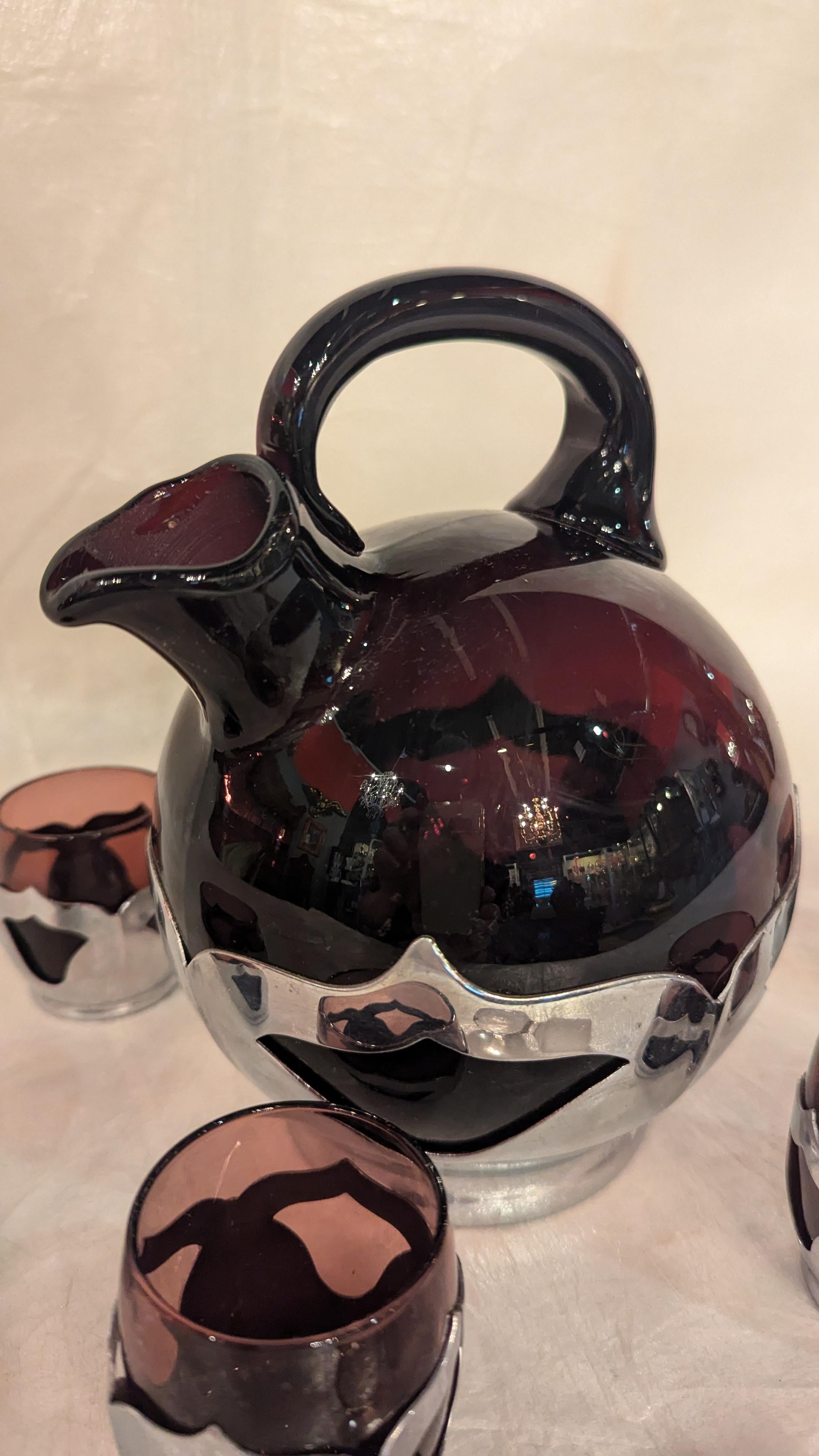 Art Glass Art Deco Farberware and Cambridge Glass Decanter and Shots For Sale