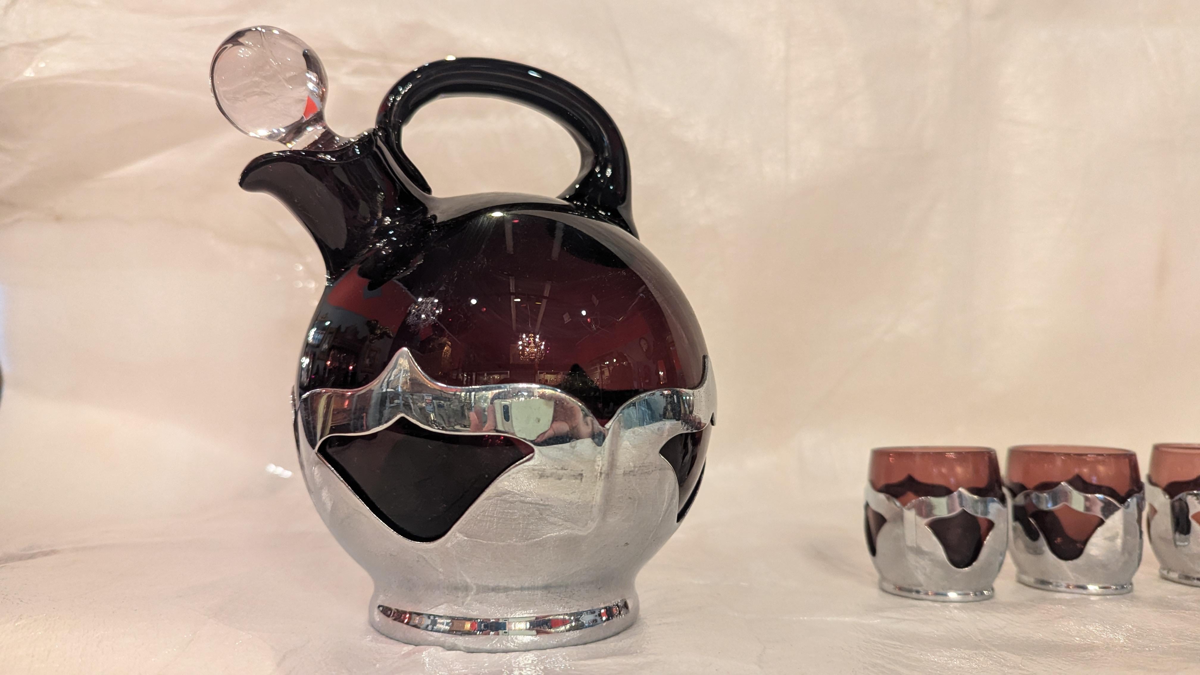Art Deco Farberware and Cambridge Glass Decanter and Shots For Sale 1