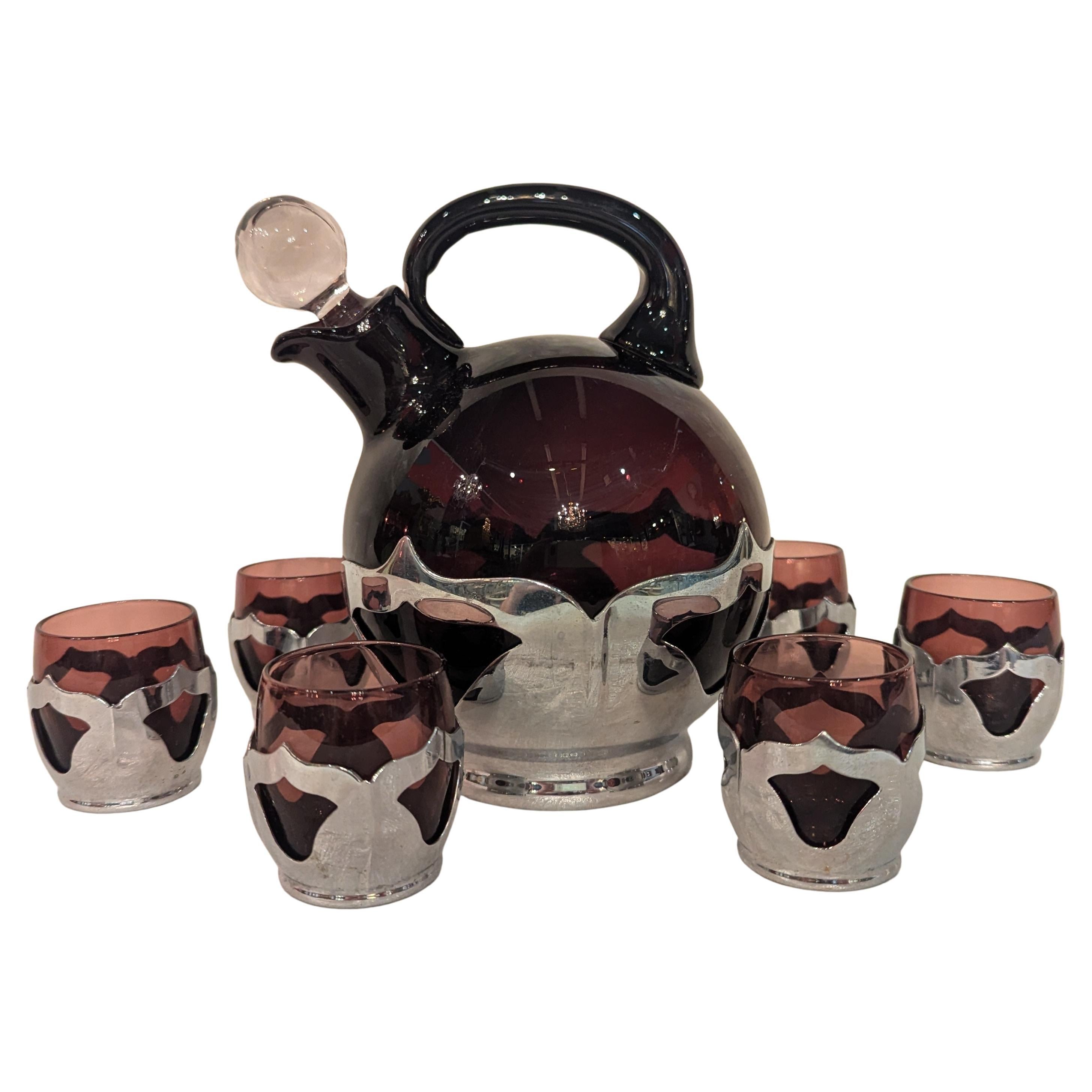 Art Deco Farberware and Cambridge Glass Decanter and Shots For Sale