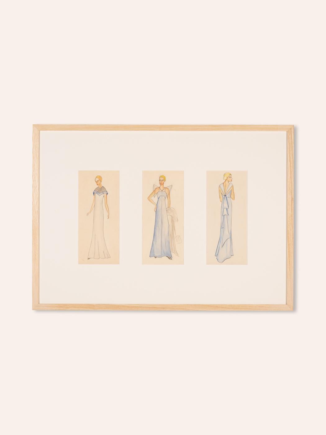 Art déco Dessins de mode Art Déco VI - Robes dorées à la gouache sur papier encadrées des années Twenties en vente
