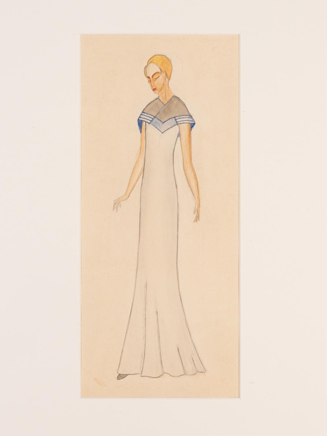 Art Deco Mode Zeichnungen VI Gouache auf Papier Gerahmte Goldene Zwanziger Jahre Kleide (Art déco) im Angebot