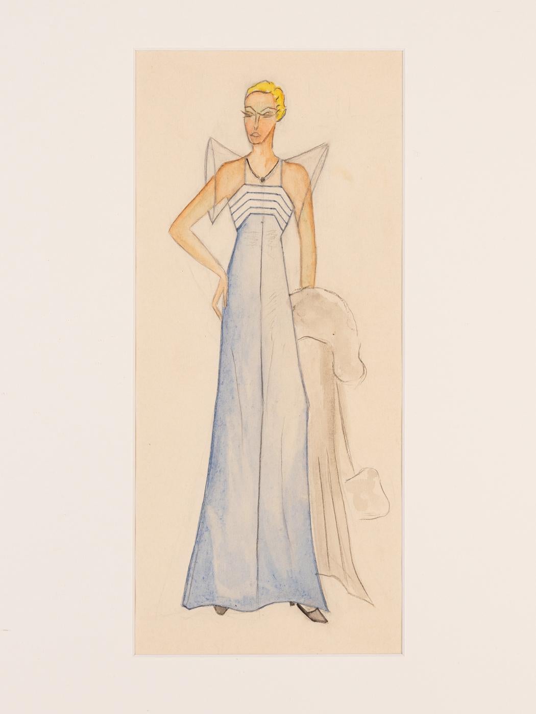 Art Deco Mode Zeichnungen VI Gouache auf Papier Gerahmte Goldene Zwanziger Jahre Kleide (Deutsch) im Angebot