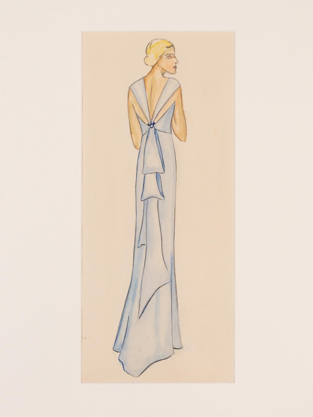 Early 20th Century Art Deco Fashion Drawings VI Gouache on Paper Framed Golden Twenties Dresses For Sale