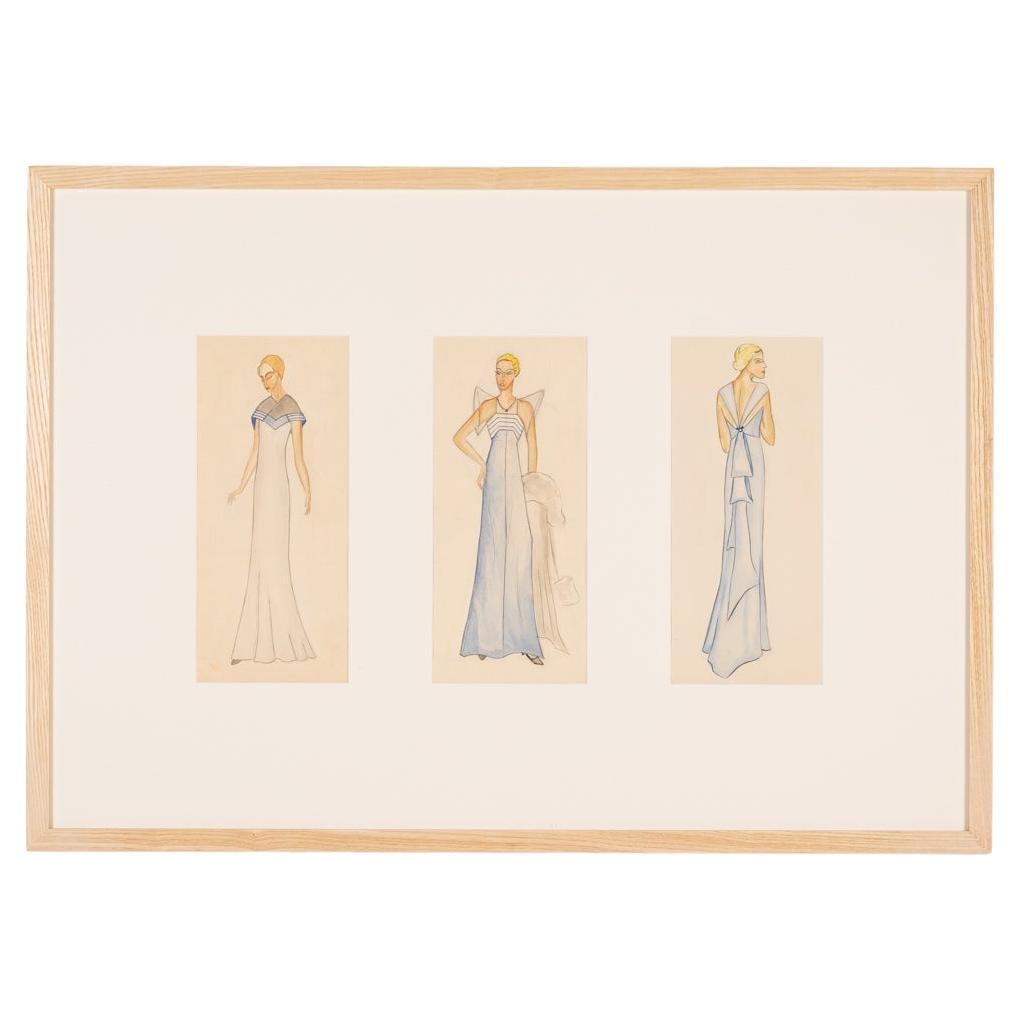 Art Deco Mode Zeichnungen VI Gouache auf Papier Gerahmte Goldene Zwanziger Jahre Kleide im Angebot