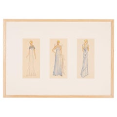 Art Deco Fashion Drawings VI Gouache on Paper Framed Golden Twenties Dresses