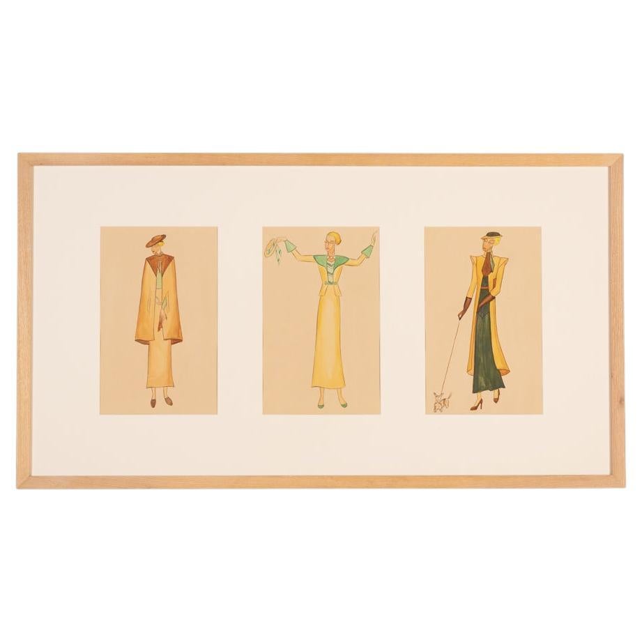 Art Déco Fashion Illustration Framed 1920s Ready to Hang For Sale