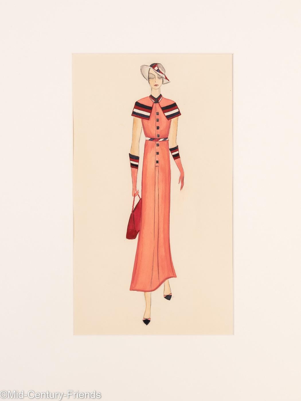 Early 20th Century Art Déco Fashion Illustration, Gouache on Paper Coloured Drawings, 1920s For Sale
