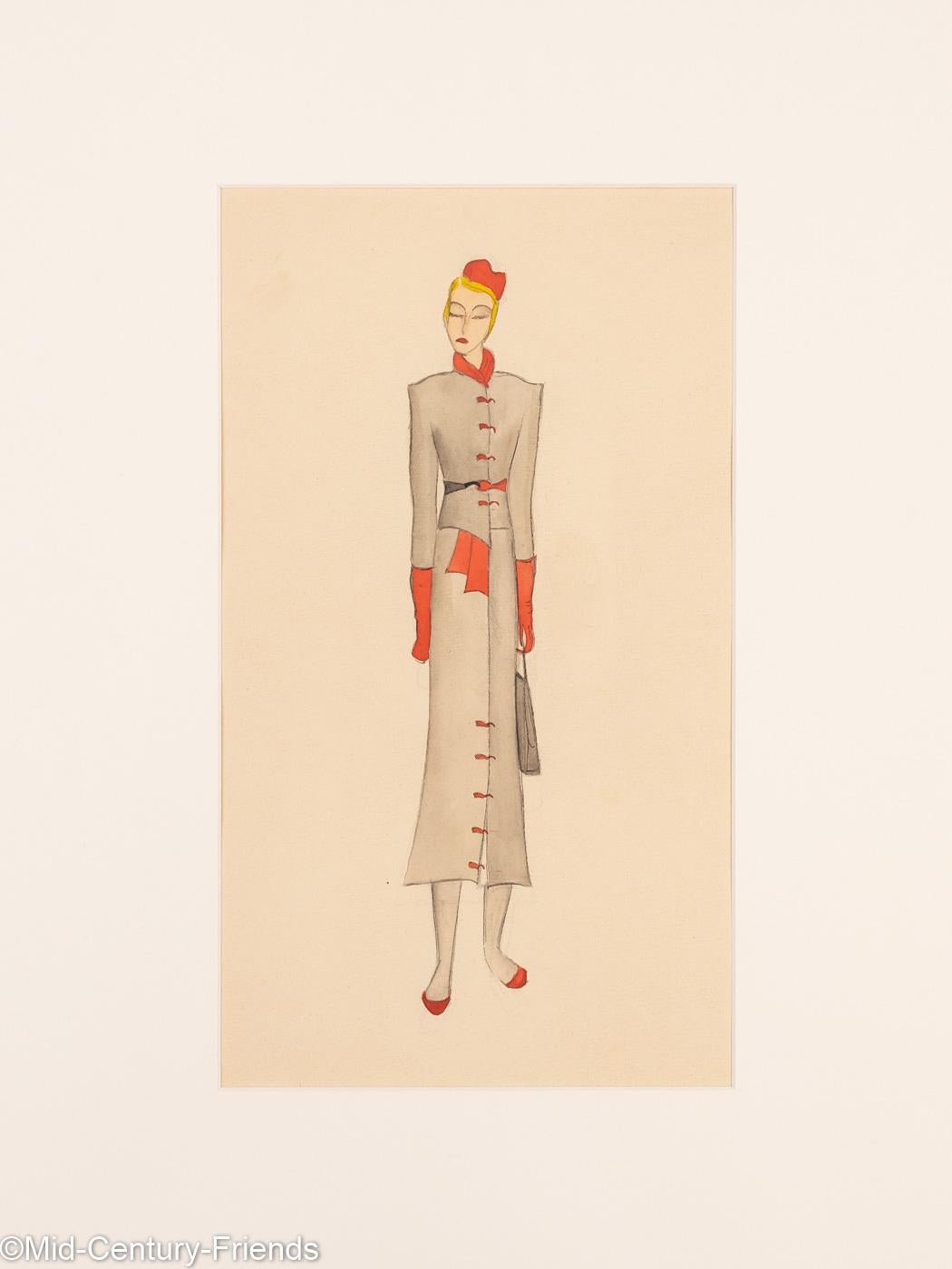 Acrylic Art Déco Fashion Illustration, Gouache on Paper Coloured Drawings, 1920s For Sale