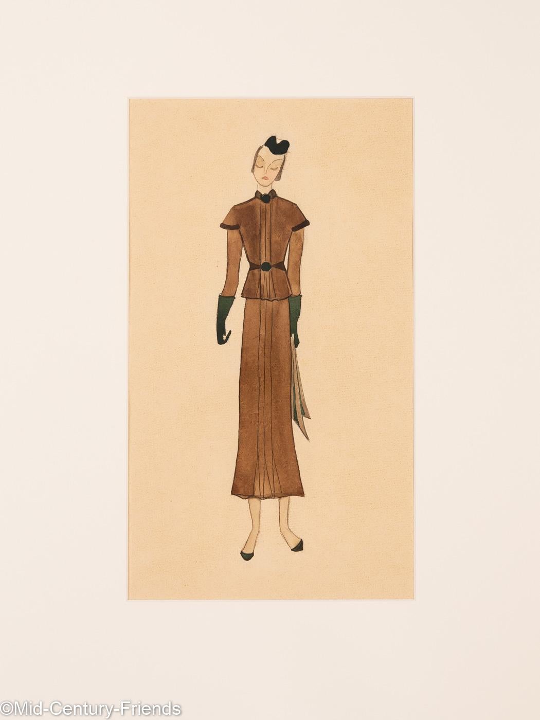Art Déco Fashion Illustration, Gouache on Paper Coloured Drawings, 1920s For Sale 1