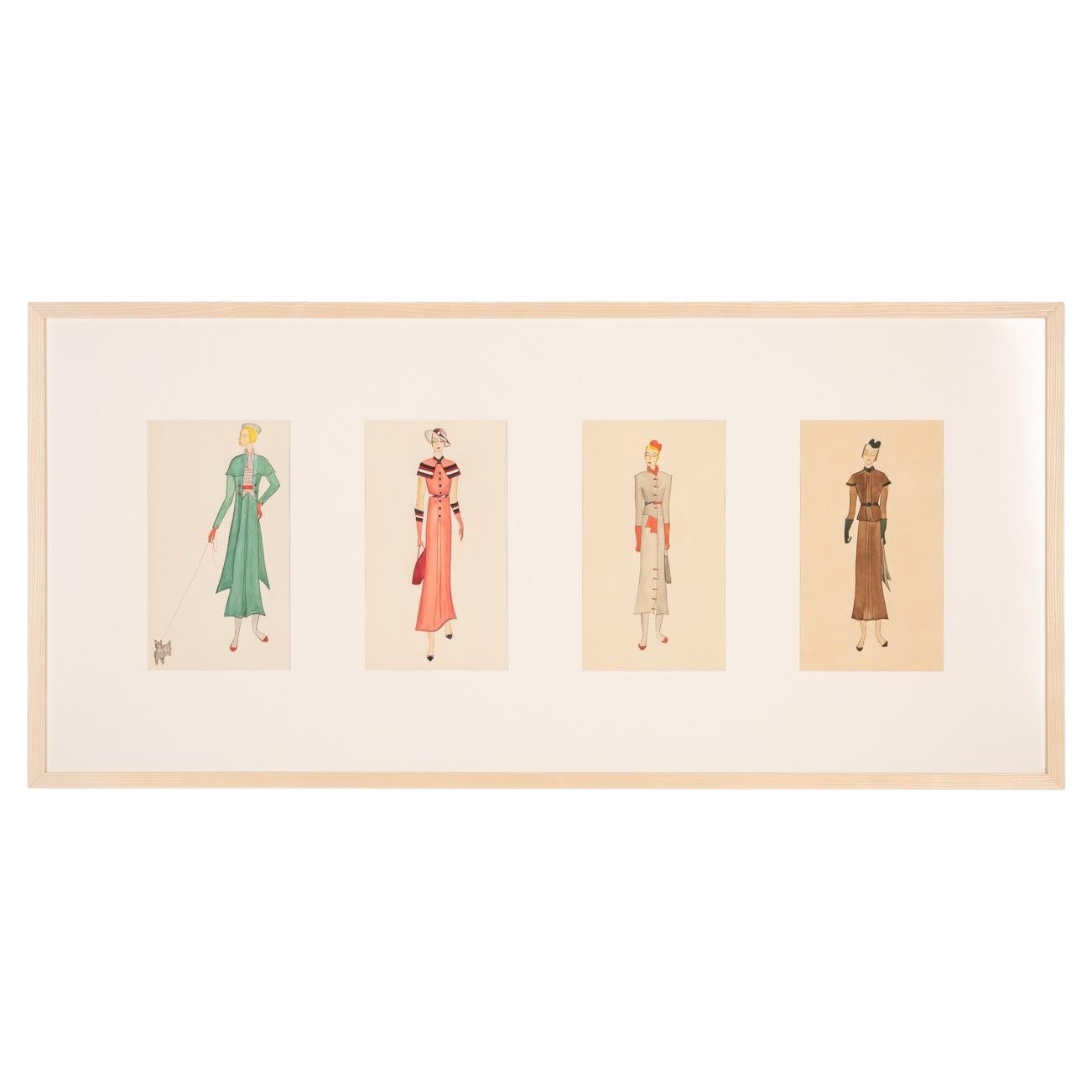 Art Déco Fashion Illustration, Gouache on Paper Coloured Drawings, 1920s For Sale