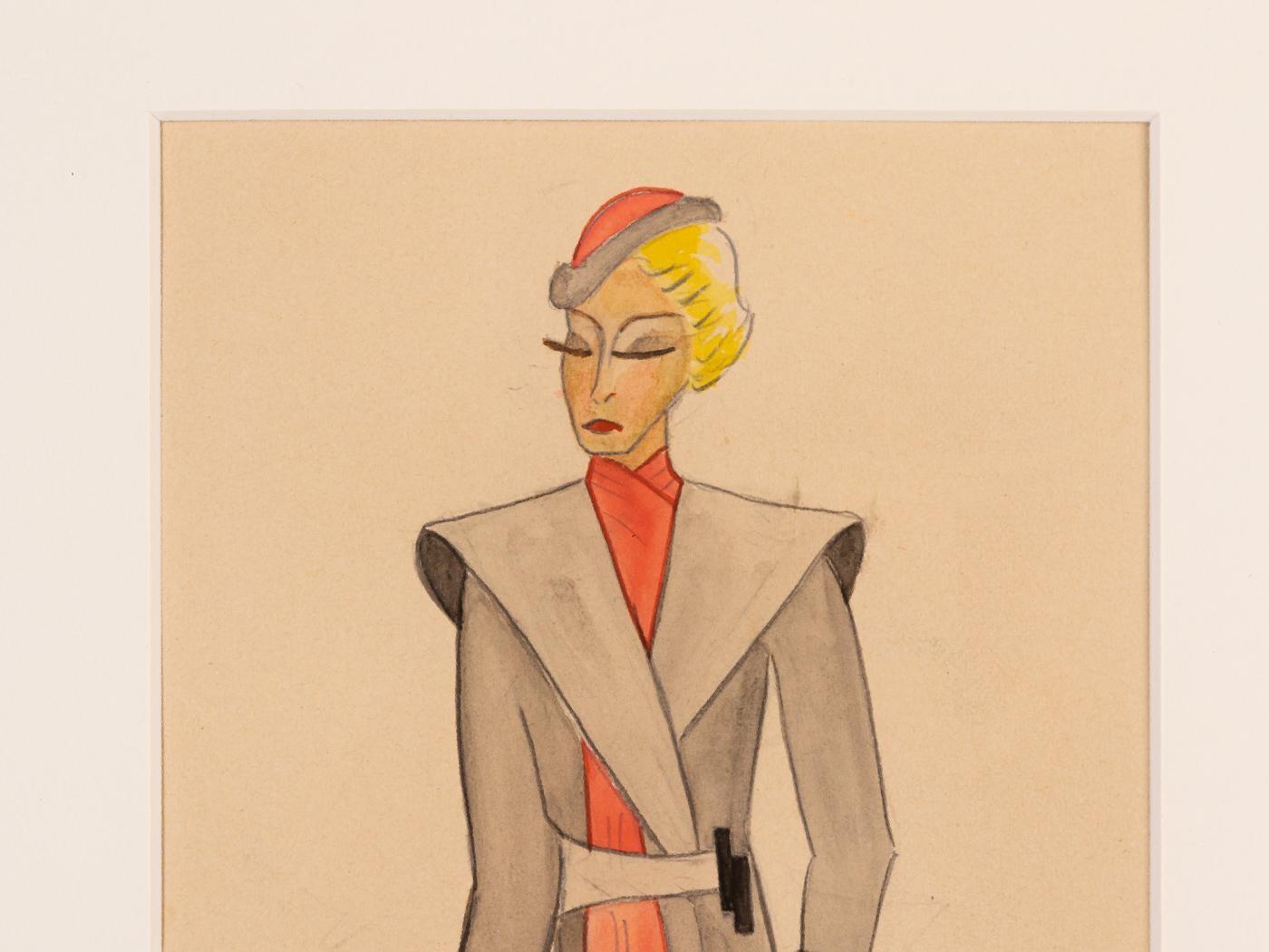 Art Dco - Illustration de mode - Robes à la gouache sur papier - Femmes de l'âge d'or des années 80 en vente 1