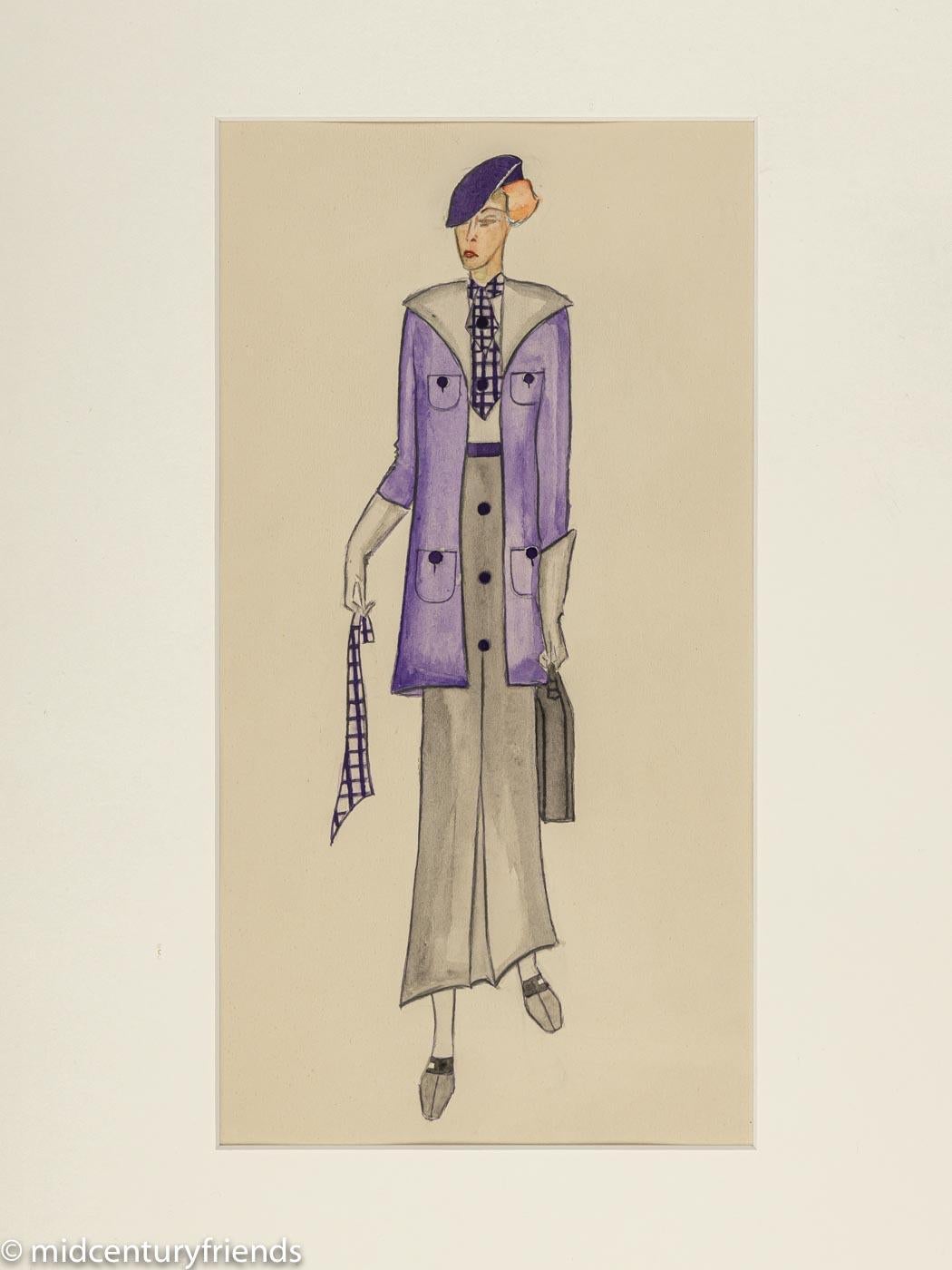 Early 20th Century Art Déco Fashion Illustration, Gouache on Paper ready to hang Framed For Sale