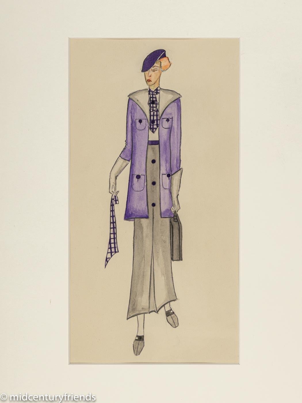 Inizio XX secolo Illustrazione di moda Art Déco, Gouache su carta pronta da appendere Incorniciata in vendita