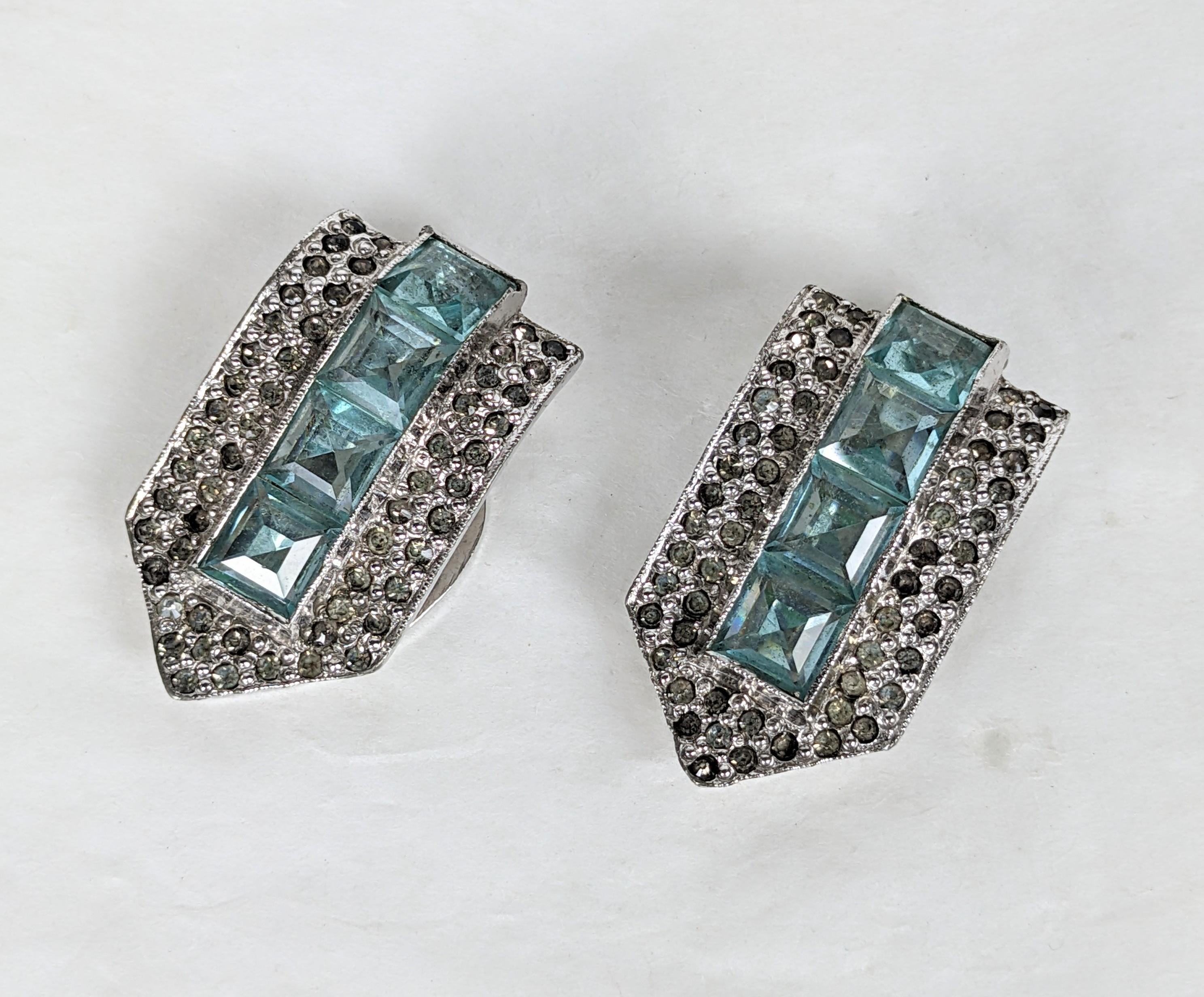 Art Deco Faux Aquamarine Dress Clips from the 1930's.  High quality faux in rhodium finish with channel set aqua pastes and pave surround. 1930's USA. Each 1.25