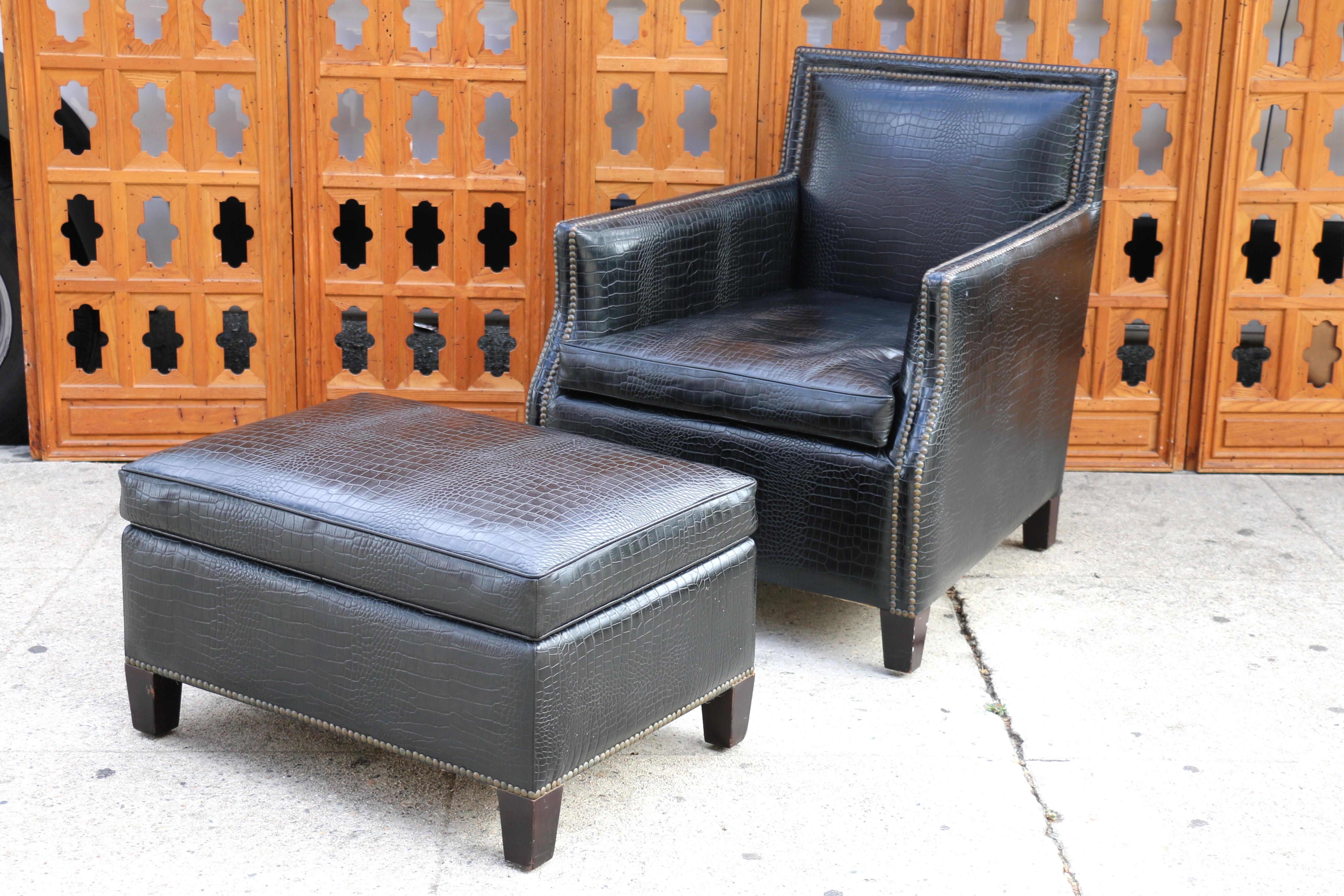 Wonderful Art Deco leather club chair with ottoman made of original leather, burlap and wood legs. From the 1990’s. Both chair and ottoman are in absolutely perfect condition. Very comfortable and great looking set.
Full dimensions:
Ottoman 
28in L”