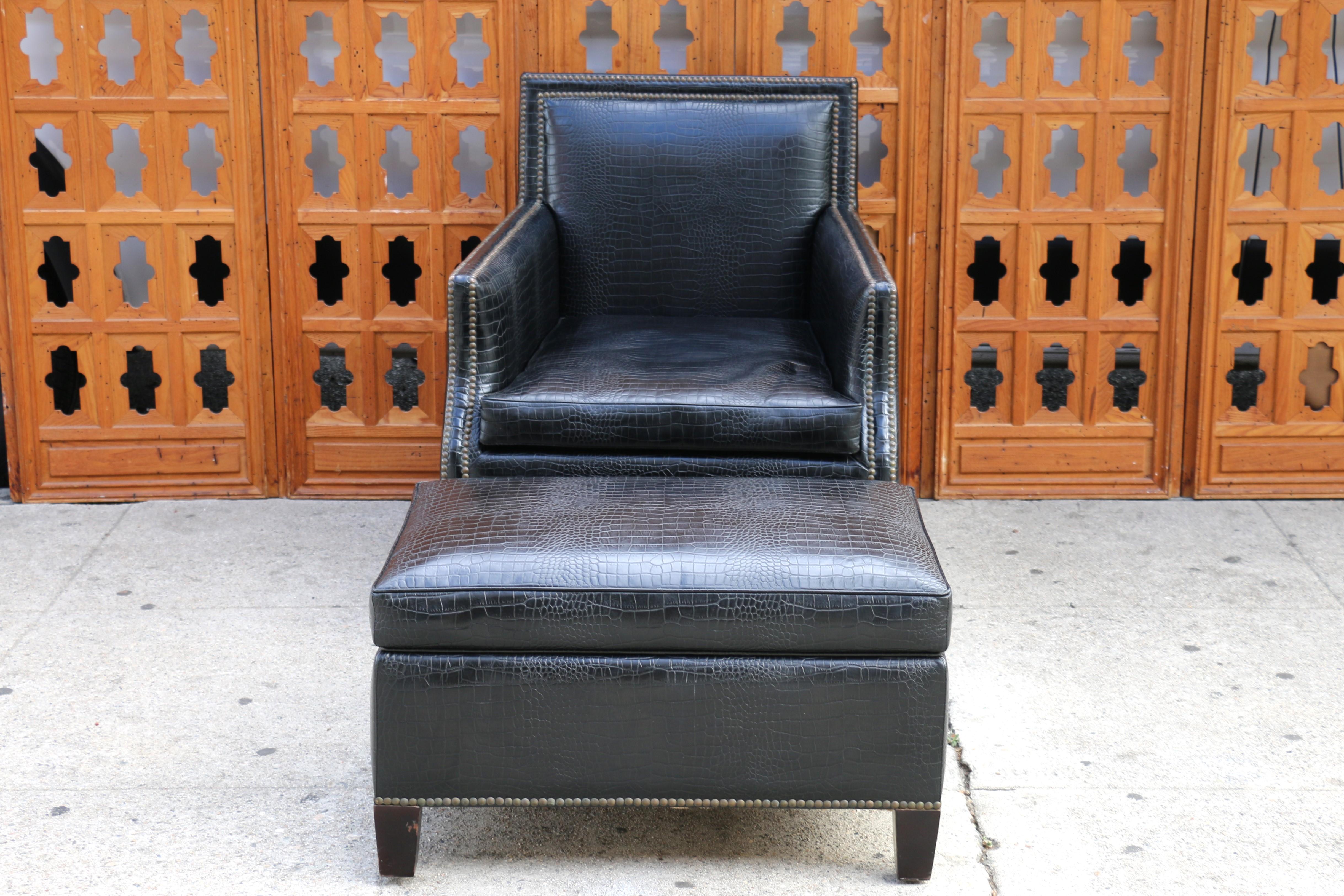 American Art Deco Faux Crocodile Leather Club Chair With Ottoman, 1990s For Sale