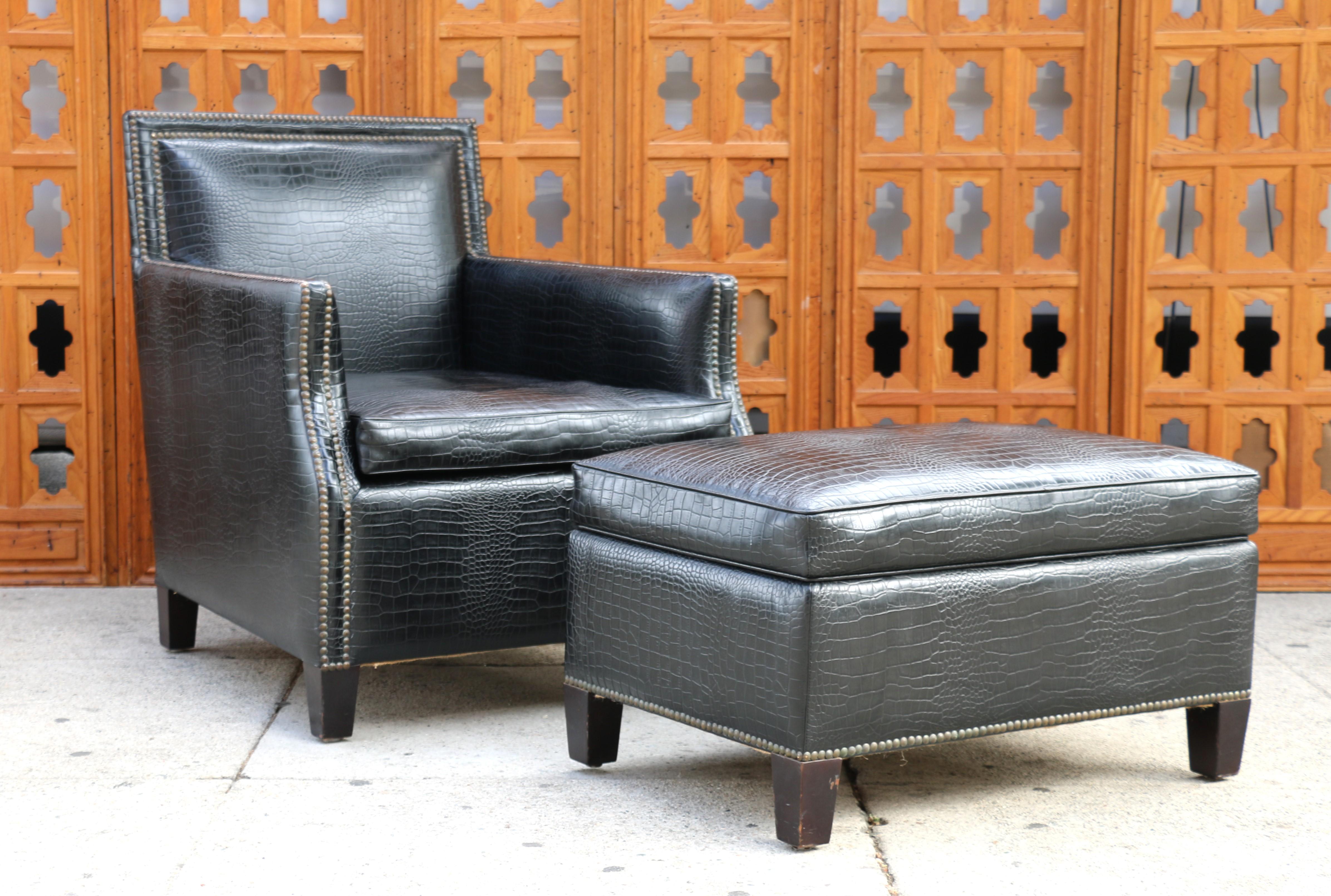 Art Deco Faux Crocodile Leather Club Chair With Ottoman, 1990s In Good Condition For Sale In North Hollywood, CA