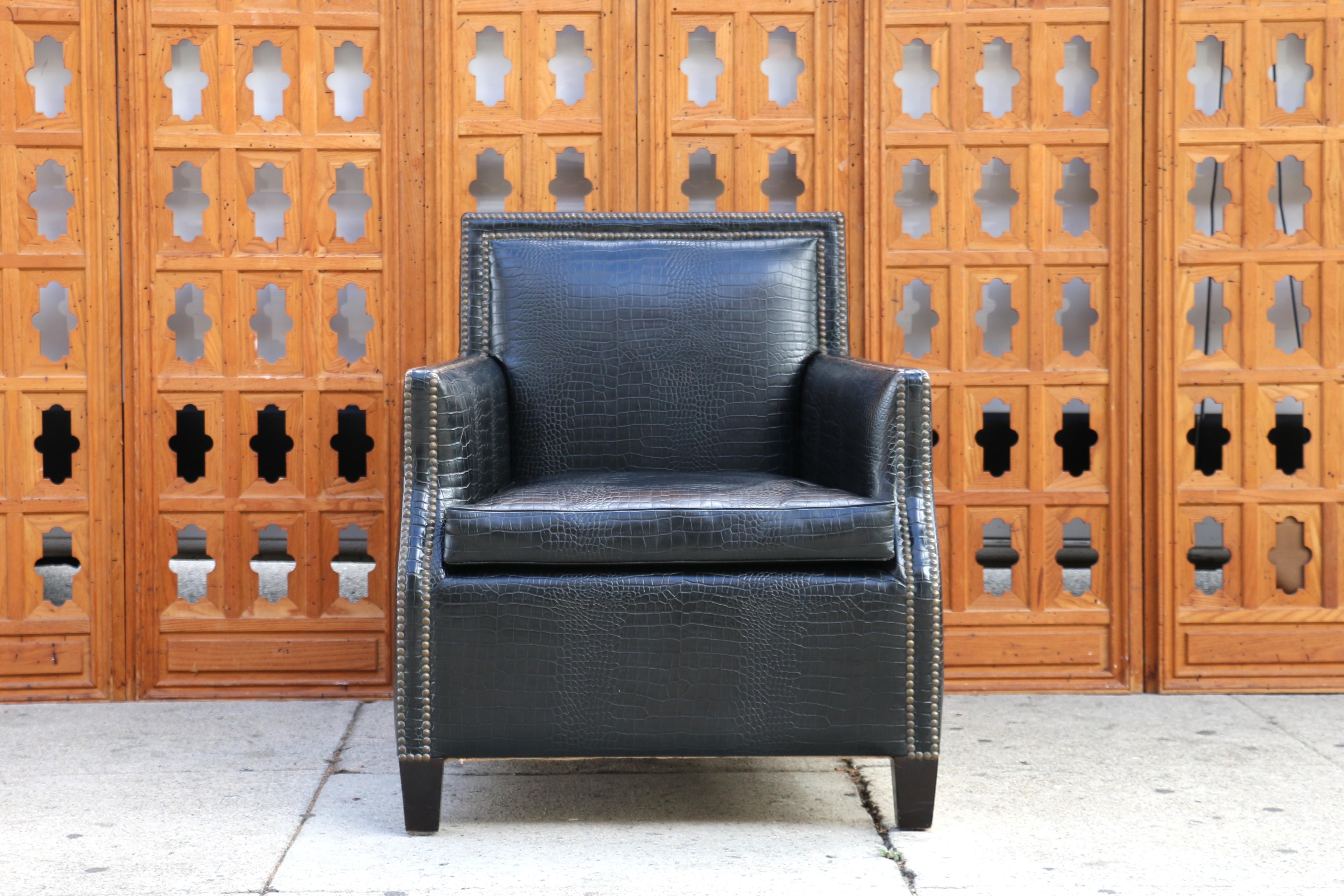 Art Deco Faux Crocodile Leather Club Chair With Ottoman, 1990s For Sale 1