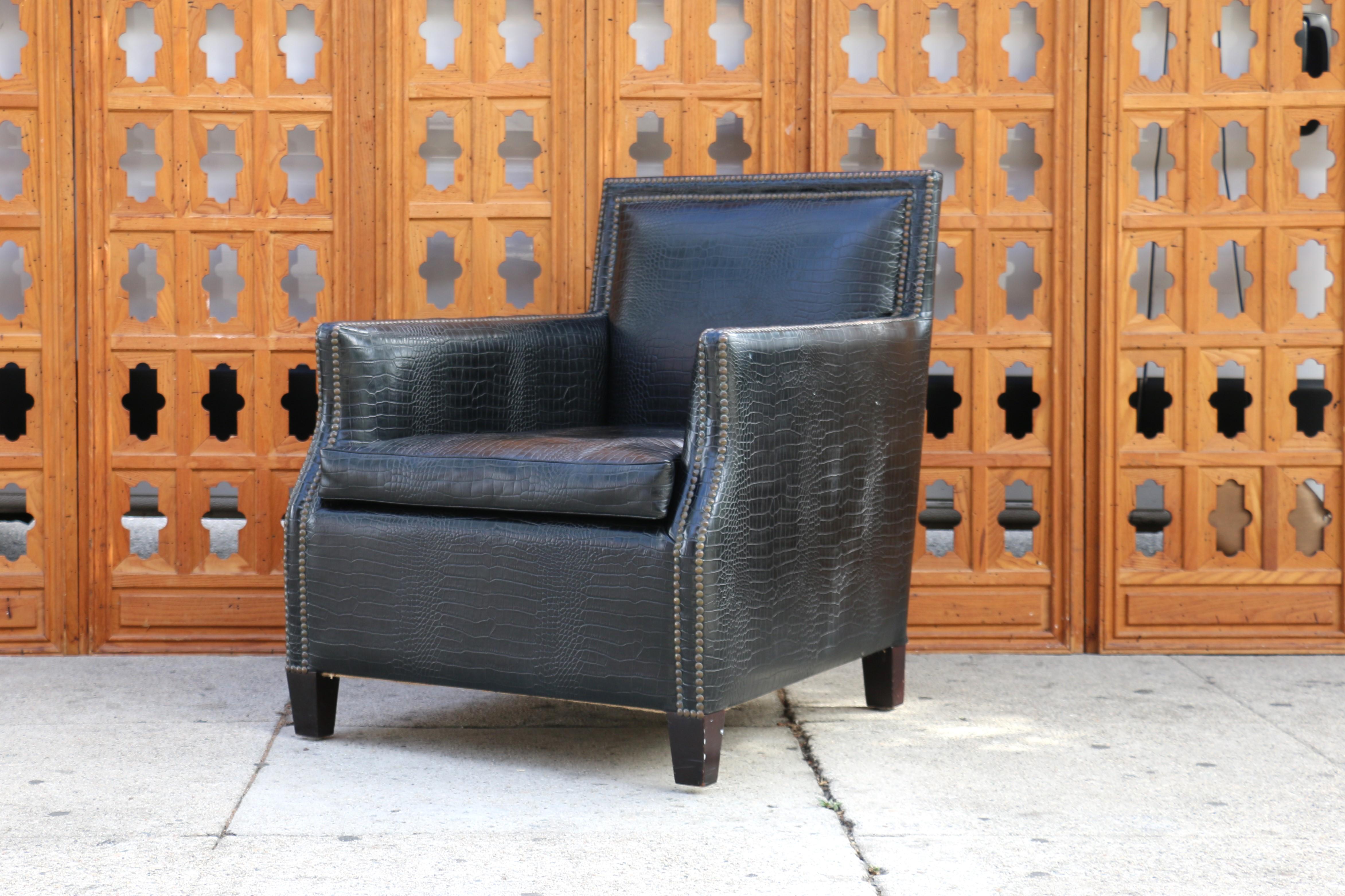 Art Deco Faux Crocodile Leather Club Chair With Ottoman, 1990s For Sale 2