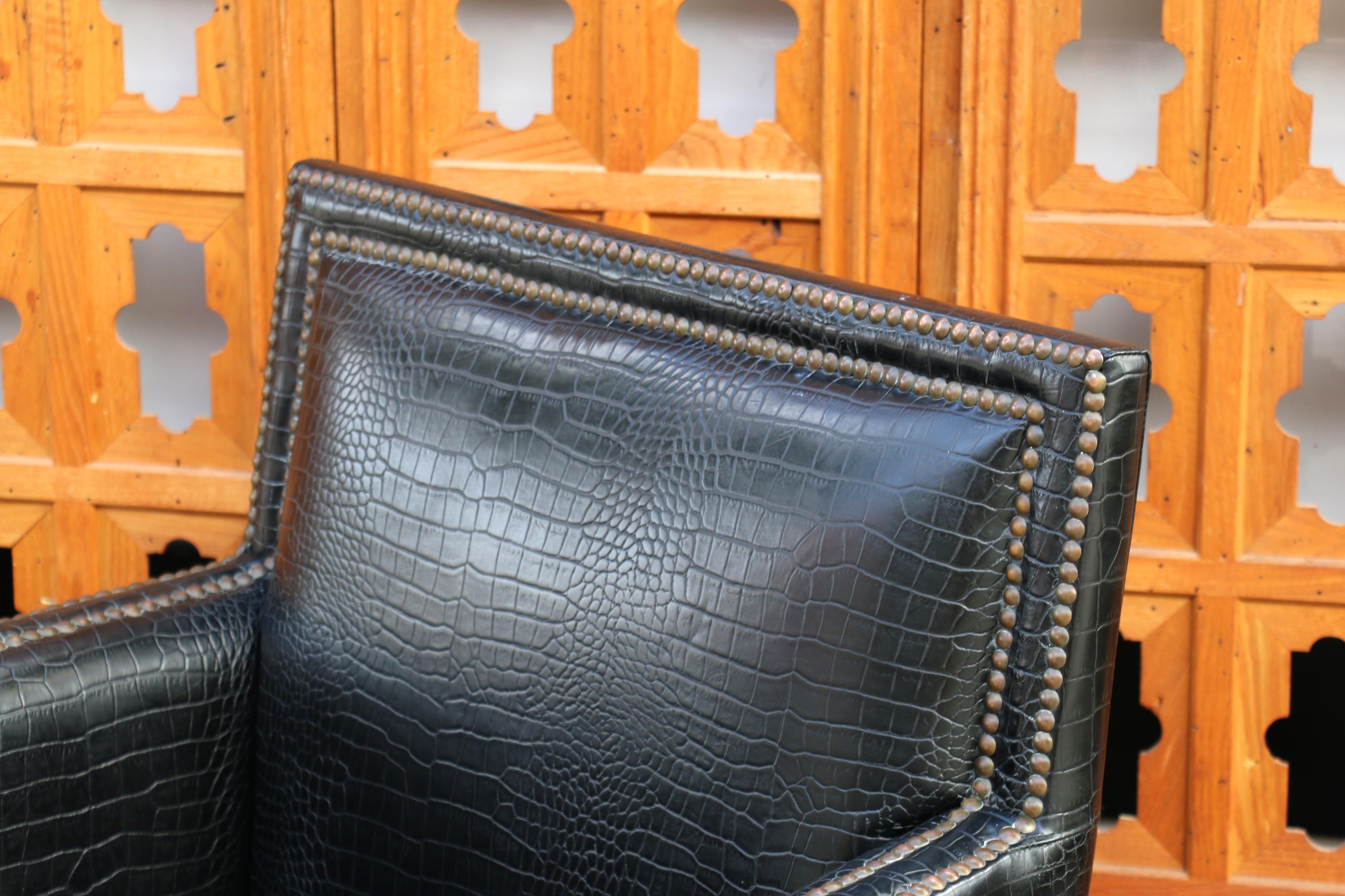 Art Deco Faux Crocodile Leather Club Chair With Ottoman, 1990s For Sale 4