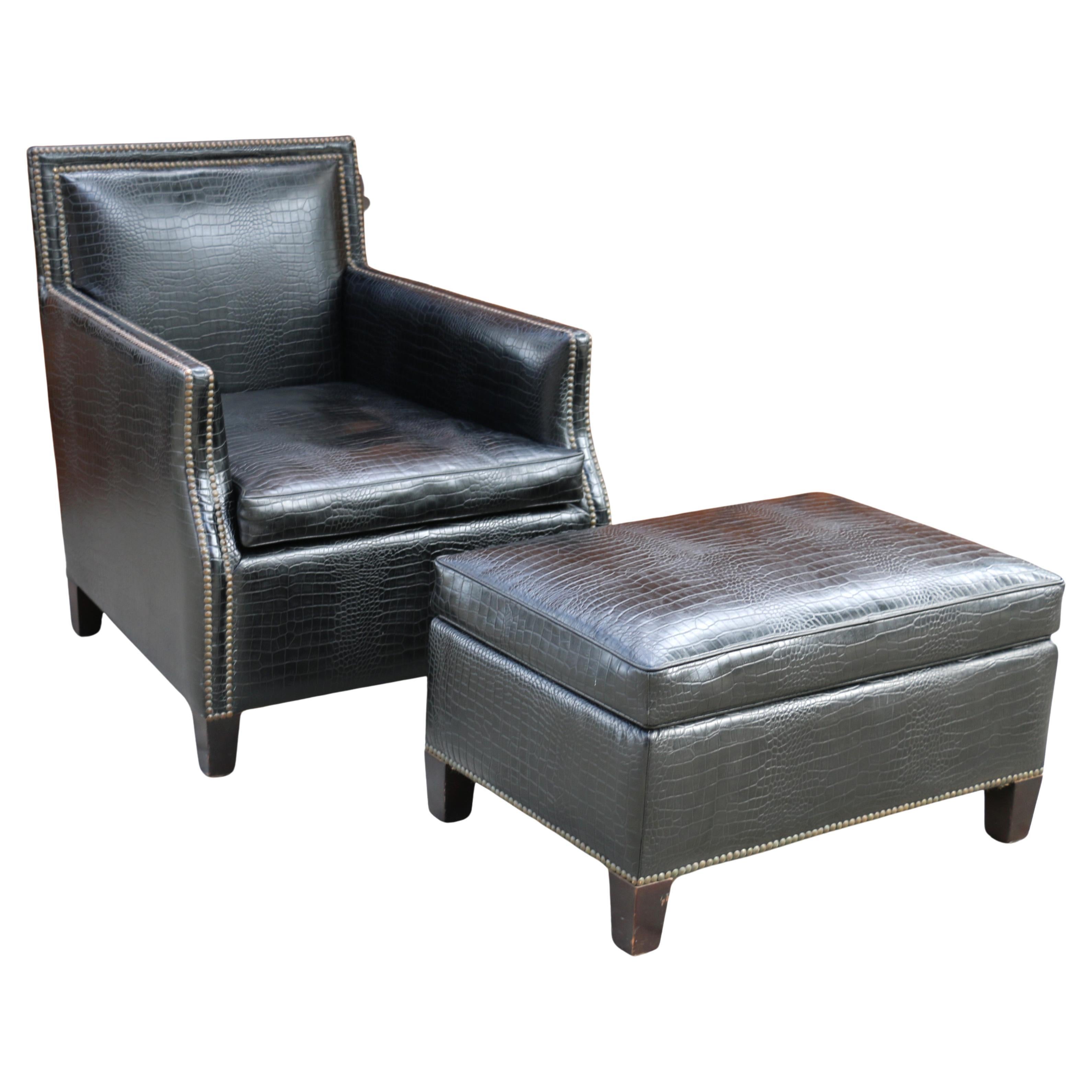 Art Deco Faux Crocodile Leather Club Chair With Ottoman, 1990s