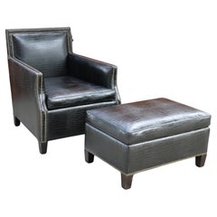 Fauteuil club Art déco en cuir de faux crocodile avec pouf, années 1990