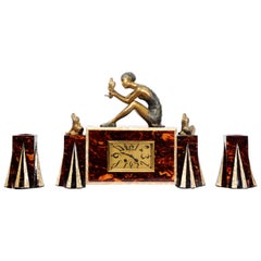 Vintage Art Deco Faux Tortoiseshell Clock, Set Girl with Doves