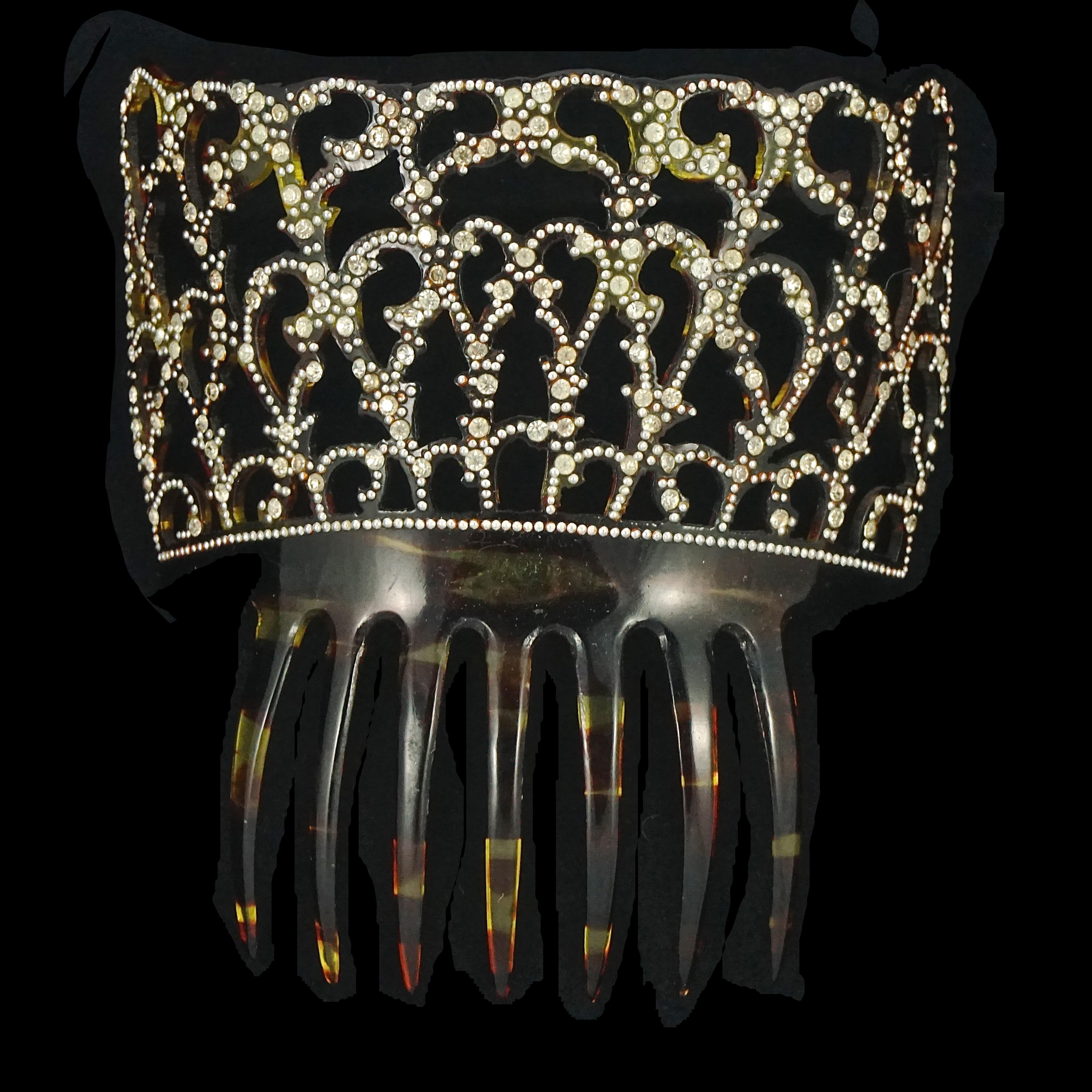 Brown Mid Century Faux Tortoiseshell Seven Prong Mantilla Hair Comb with Rhinestones For Sale