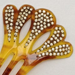 Art Deco Faux Tortoiseshell Three Prong Hair Comb with Clear Rhinestones