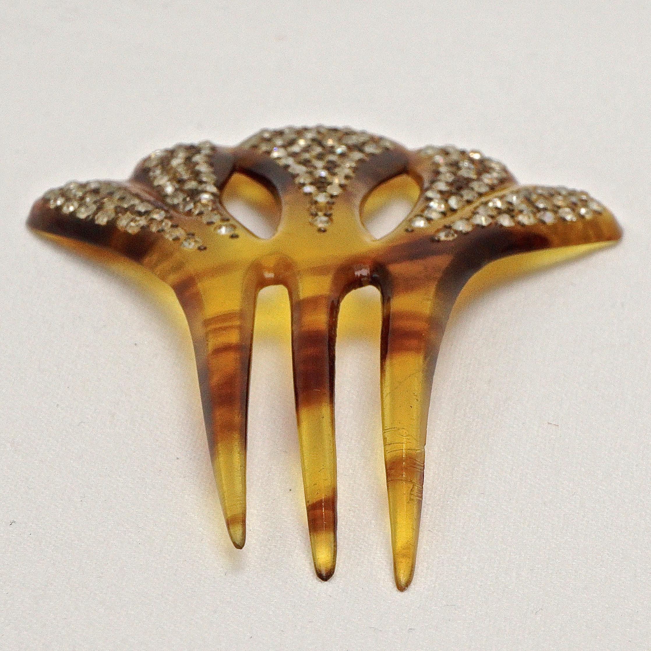 Art Deco Faux Tortoiseshell Three Prong Hair Comb with Clear Rhinestones In Good Condition In London, GB