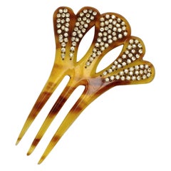 Art Deco Faux Tortoiseshell Three Prong Hair Comb with Clear Rhinestones