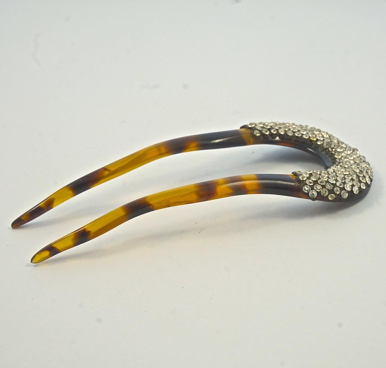 Women's or Men's Art Deco Faux Tortoiseshell Two Prong Hair Comb with Clear Rhinestones