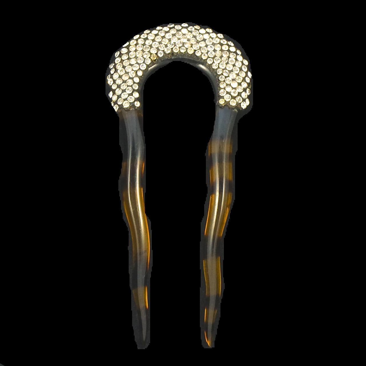 Art Deco Faux Tortoiseshell Two Prong Hair Comb with Clear Rhinestones 3